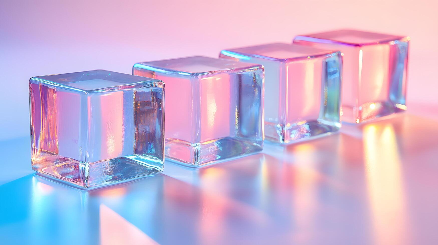 Transparent glass cubes arranged in a row displaying iridescent reflections and holographic effects, illuminated by pink and blue gradient lighting on a white background. material photo
