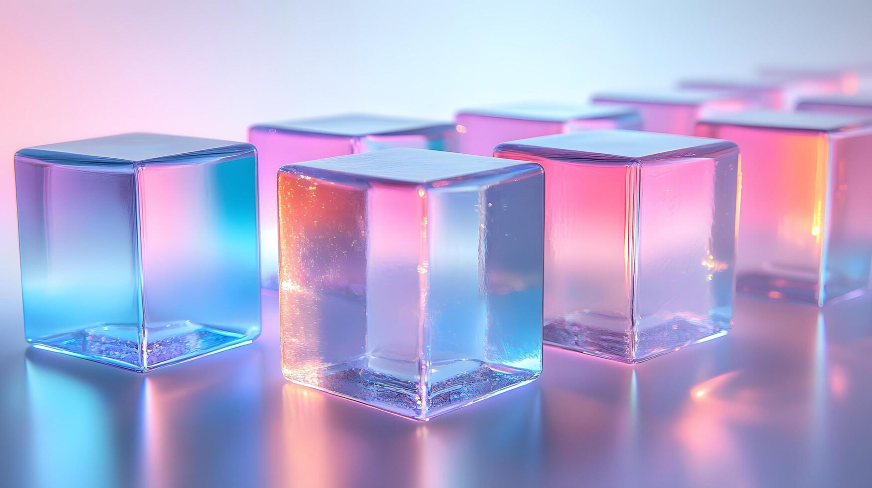 Transparent glass cubes arranged in a row displaying iridescent reflections and holographic effects, illuminated by pink and blue gradient lighting on a white background. texture photo