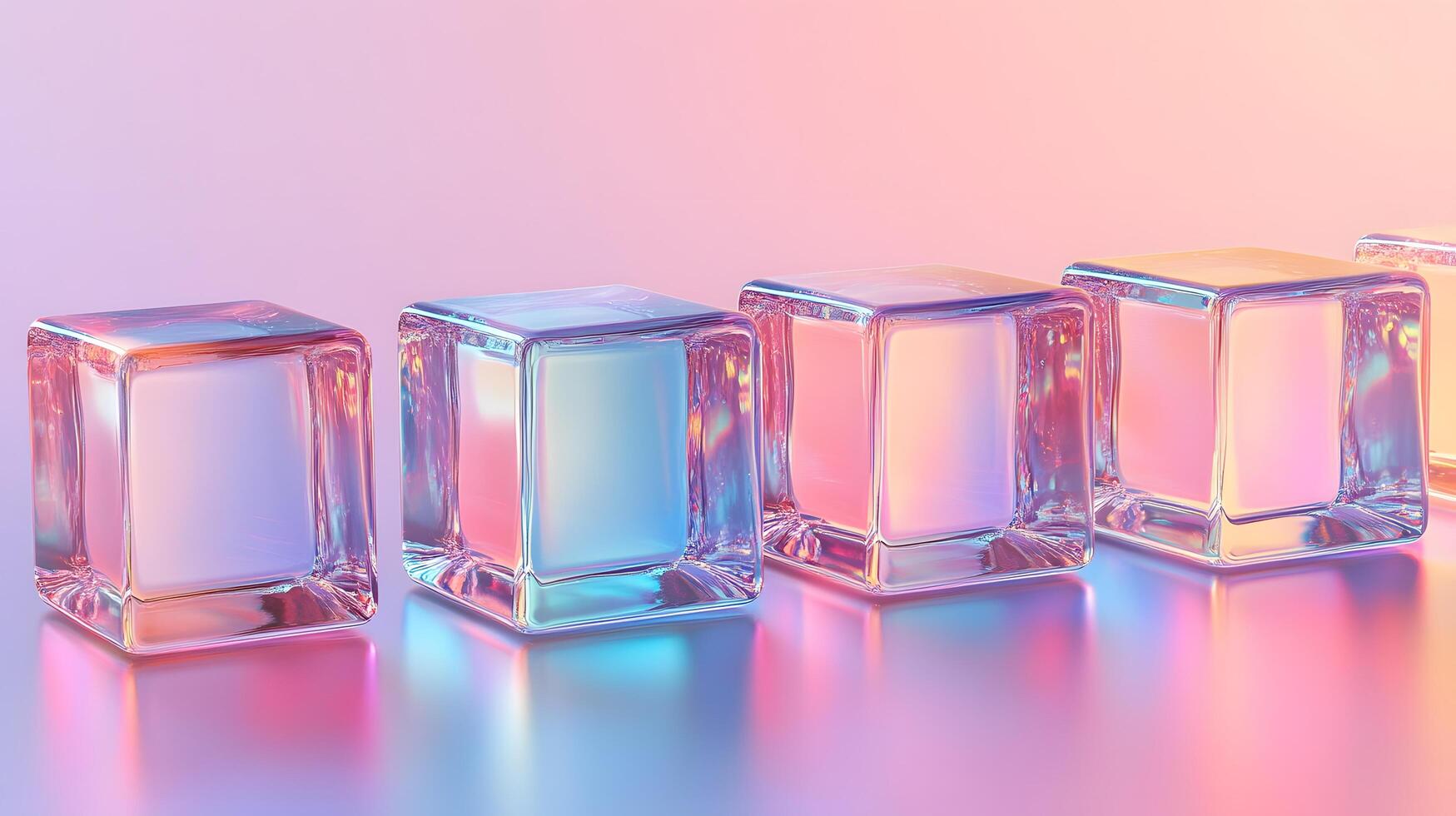 Transparent glass cubes arranged in a row displaying iridescent reflections and holographic effects, illuminated by pink and blue gradient lighting on a white background. glossy photo