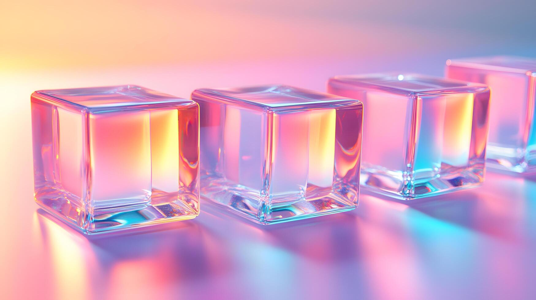 Transparent glass cubes arranged in a row displaying iridescent reflections and holographic effects, illuminated by pink and blue gradient lighting on a white background. ethereal photo