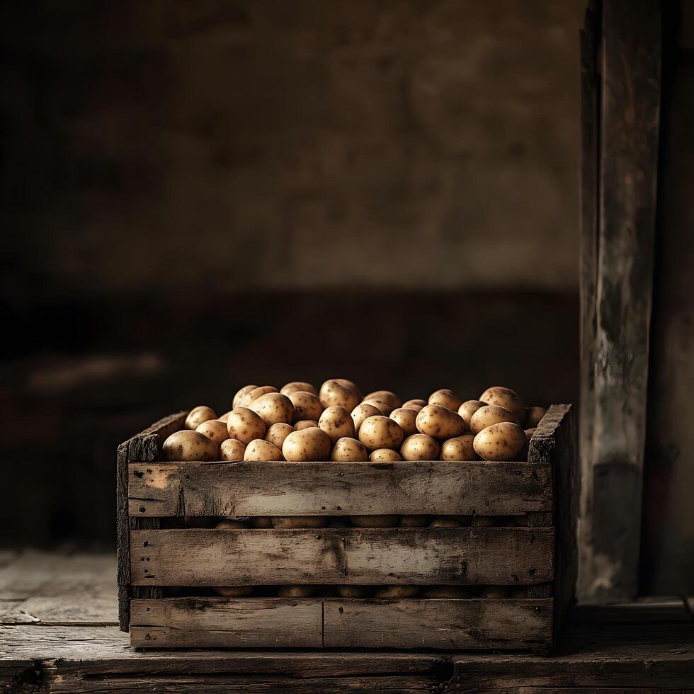 Wooden crate displays fresh potatoes in warm lighting, creating rustic farm-to-table atmosphere with rich textures and earthy tones, showcasing agricultural beauty in panoramic view. wooden photo