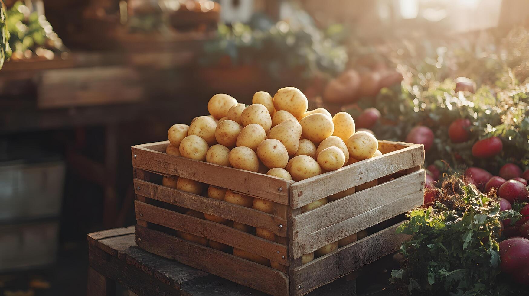 Wooden crate displays fresh potatoes in warm lighting, creating rustic farm-to-table atmosphere with rich textures and earthy tones, showcasing agricultural beauty in panoramic view. natural photo