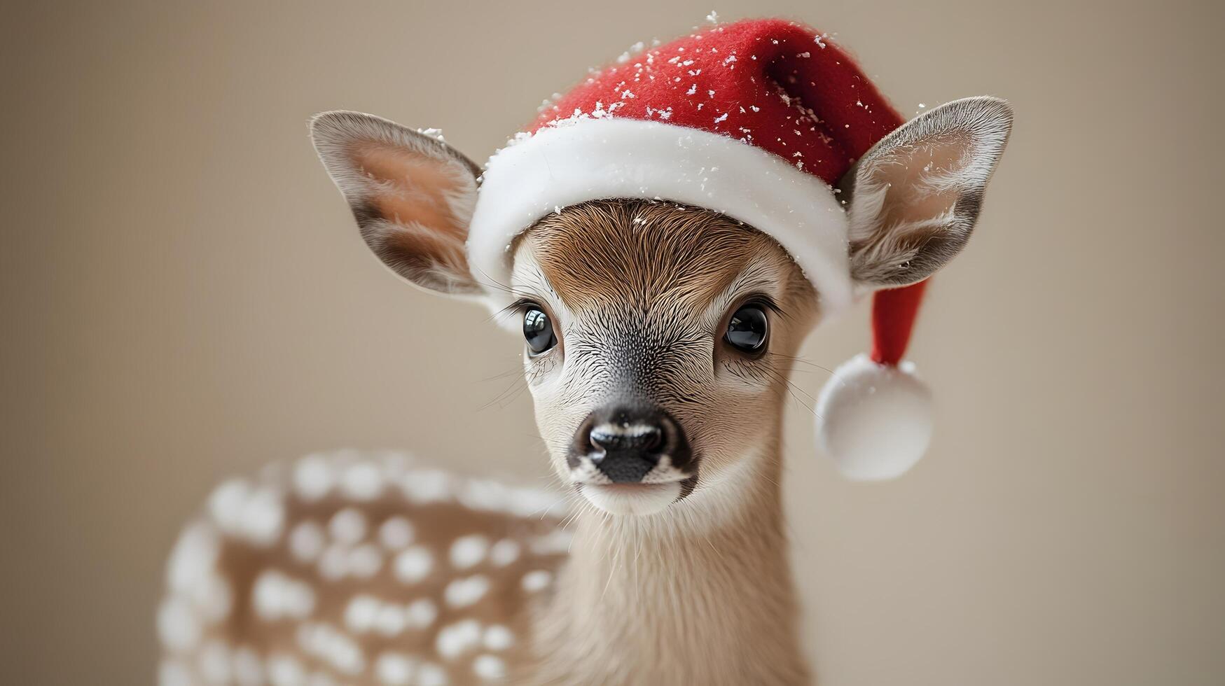 Young deer adorned with festive Santa hat against beige backdrop, capturing holiday charm with gentle lighting and soft bokeh, highlighting innocent wildlife in winter theme. forest photo