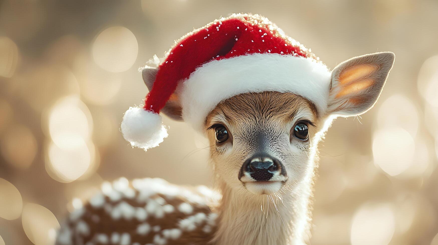 Young deer adorned with festive Santa hat against beige backdrop, capturing holiday charm with gentle lighting and soft bokeh, highlighting innocent wildlife in winter theme. santa photo