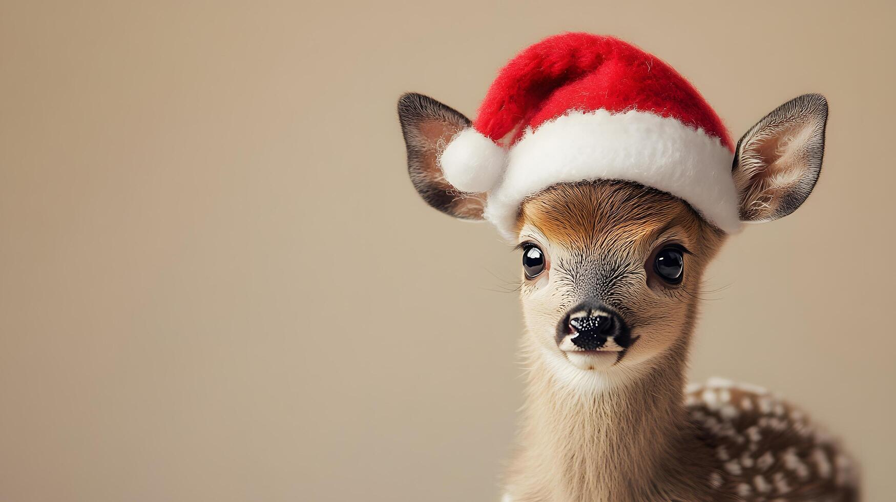 Young deer adorned with festive Santa hat against beige backdrop, capturing holiday charm with gentle lighting and soft bokeh, highlighting innocent wildlife in winter theme. festive photo