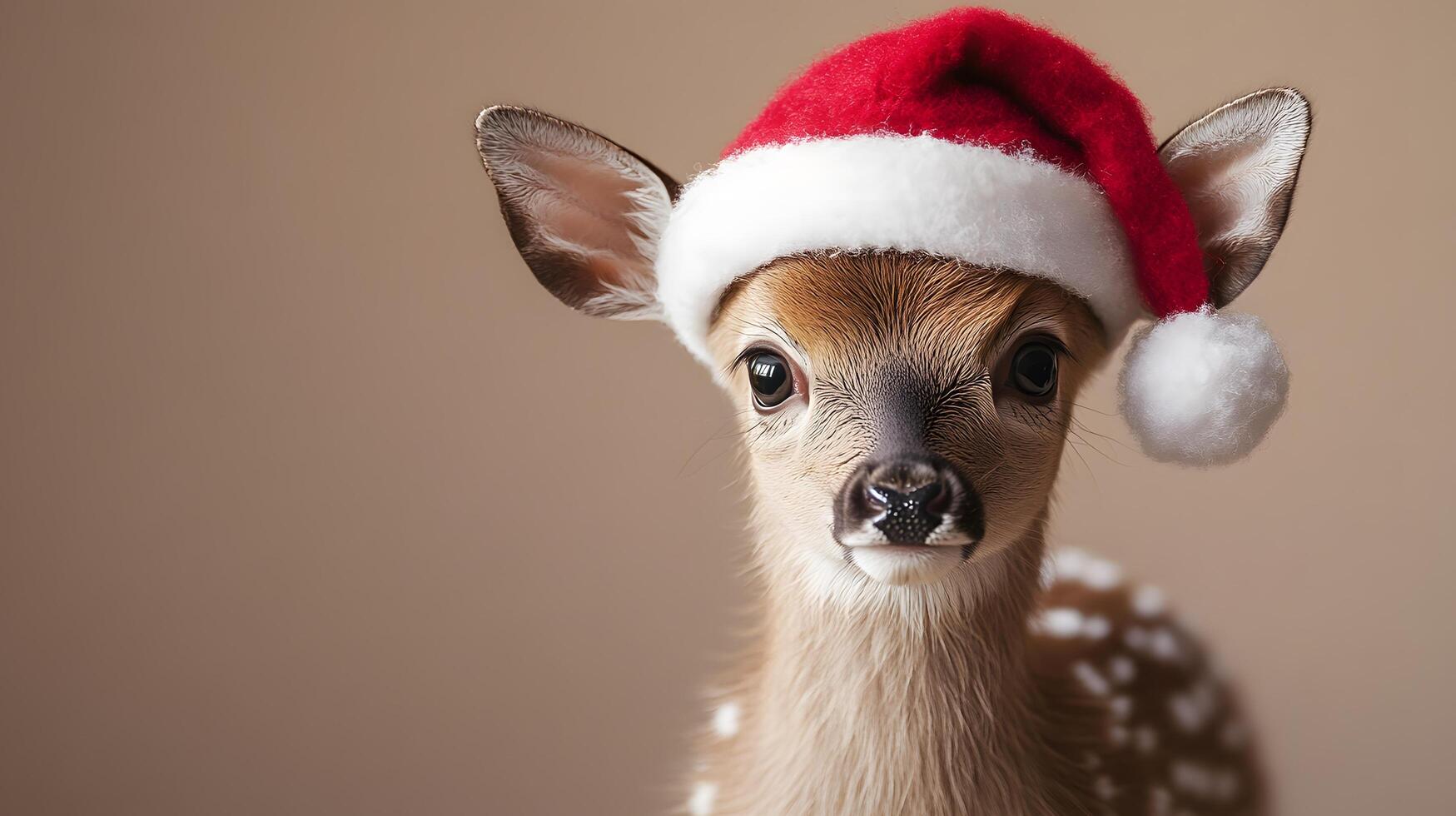 Young deer adorned with festive Santa hat against beige backdrop, capturing holiday charm with gentle lighting and soft bokeh, highlighting innocent wildlife in winter theme. beige photo