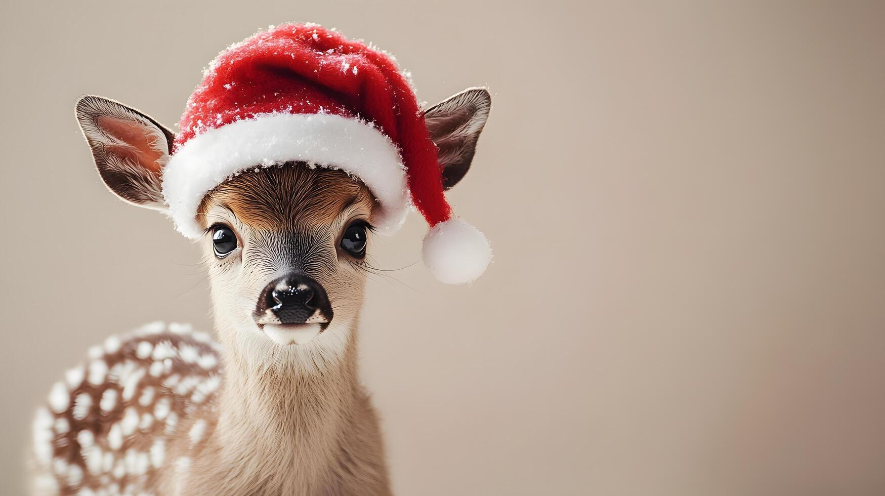 Young deer adorned with festive Santa hat against beige backdrop, capturing holiday charm with gentle lighting and soft bokeh, highlighting innocent wildlife in winter theme. bokeh photo