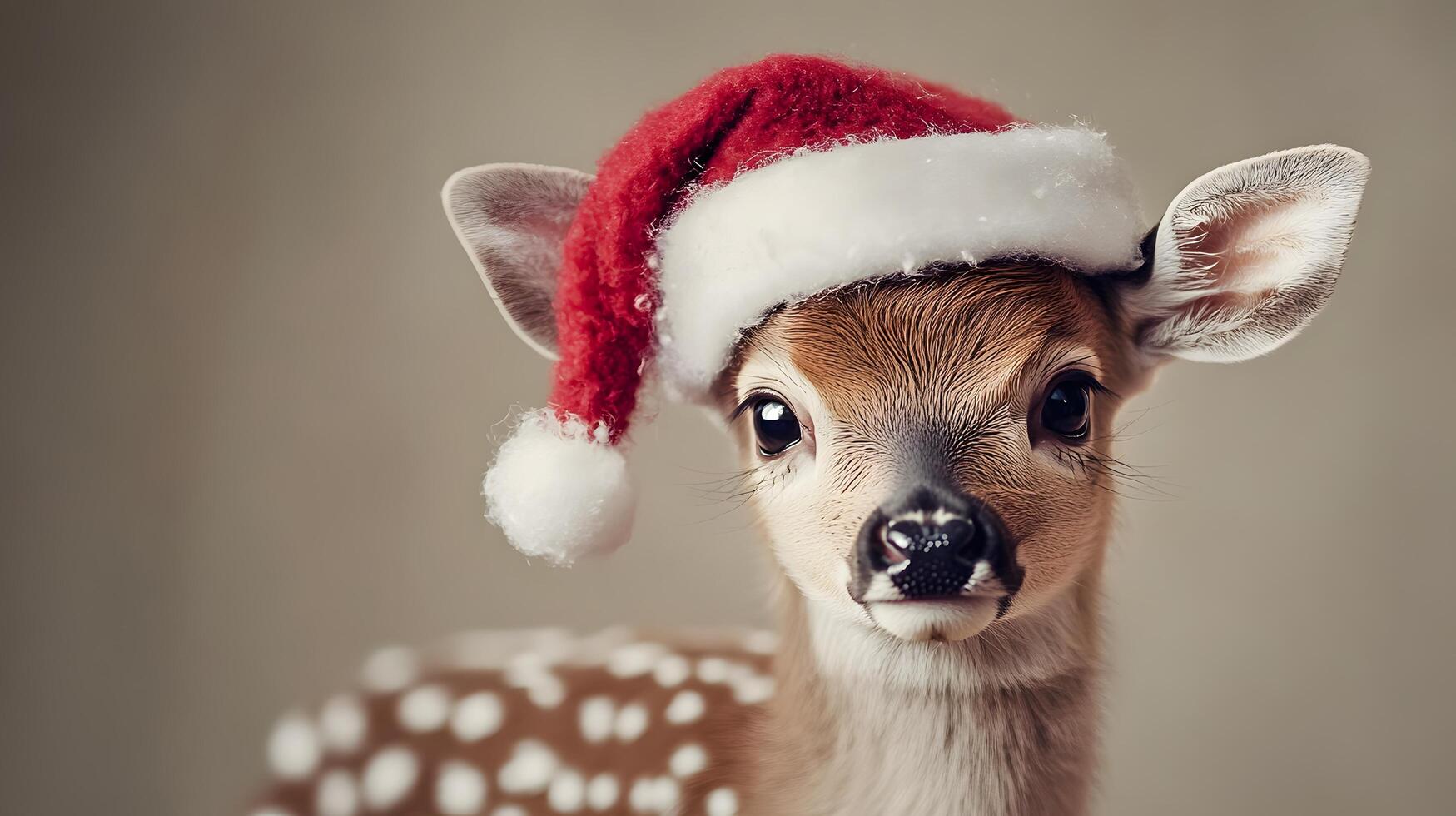 Young deer adorned with festive Santa hat against beige backdrop, capturing holiday charm with gentle lighting and soft bokeh, highlighting innocent wildlife in winter theme. wildlife photo