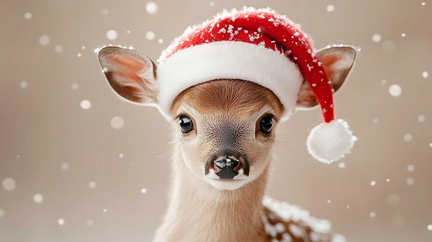 Young deer adorned with festive Santa hat against beige backdrop, capturing holiday charm with gentle lighting and soft bokeh, highlighting innocent wildlife in winter theme. cute photo
