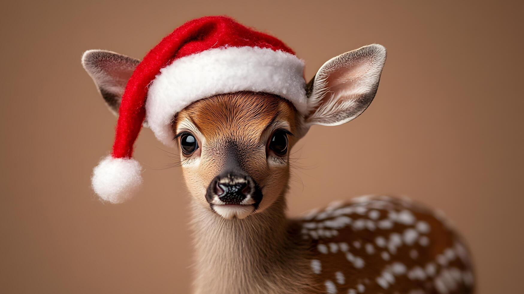 Young deer adorned with festive Santa hat against beige backdrop, capturing holiday charm with gentle lighting and soft bokeh, highlighting innocent wildlife in winter theme. winter photo