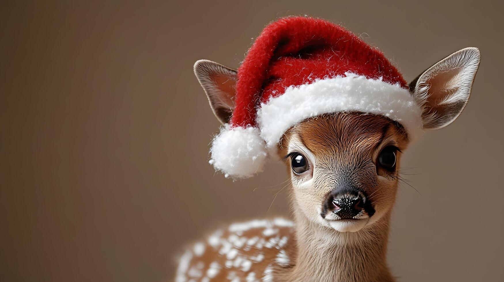 Young deer adorned with festive Santa hat against beige backdrop, capturing holiday charm with gentle lighting and soft bokeh, highlighting innocent wildlife in winter theme. adorable photo