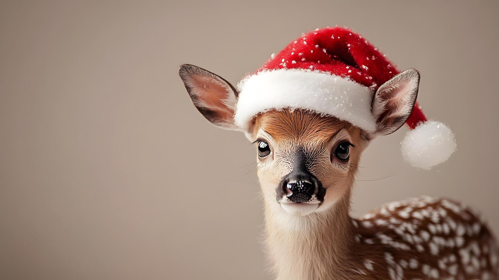 Young deer adorned with festive Santa hat against beige backdrop, capturing holiday charm with gentle lighting and soft bokeh, highlighting innocent wildlife in winter theme. magical photo