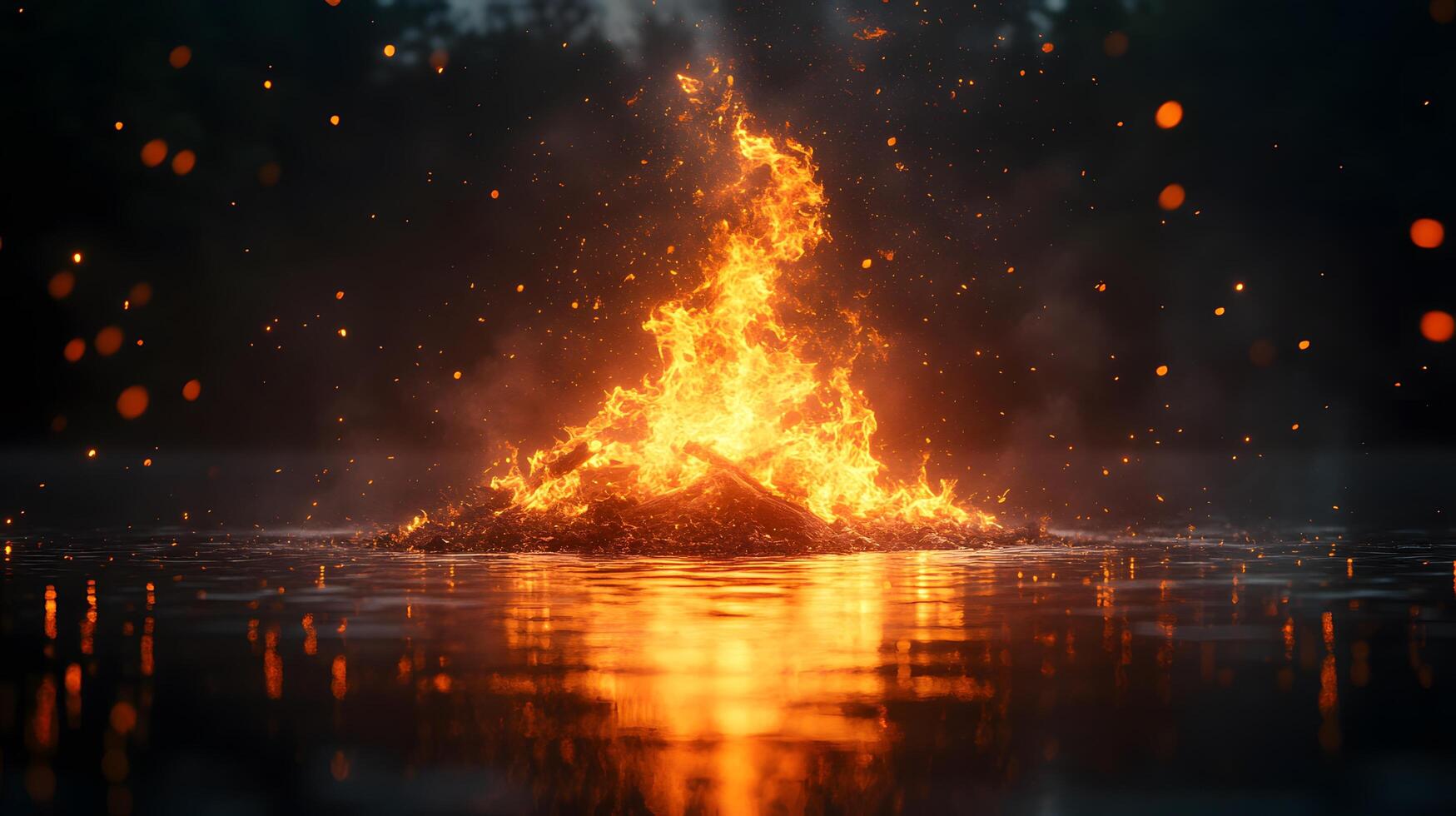 Mesmerizing campfire flames dance with perfect reflection on water, sparks illuminate dark night sky, creating mystical ambiance with vibrant orange and yellow hues. heat photo