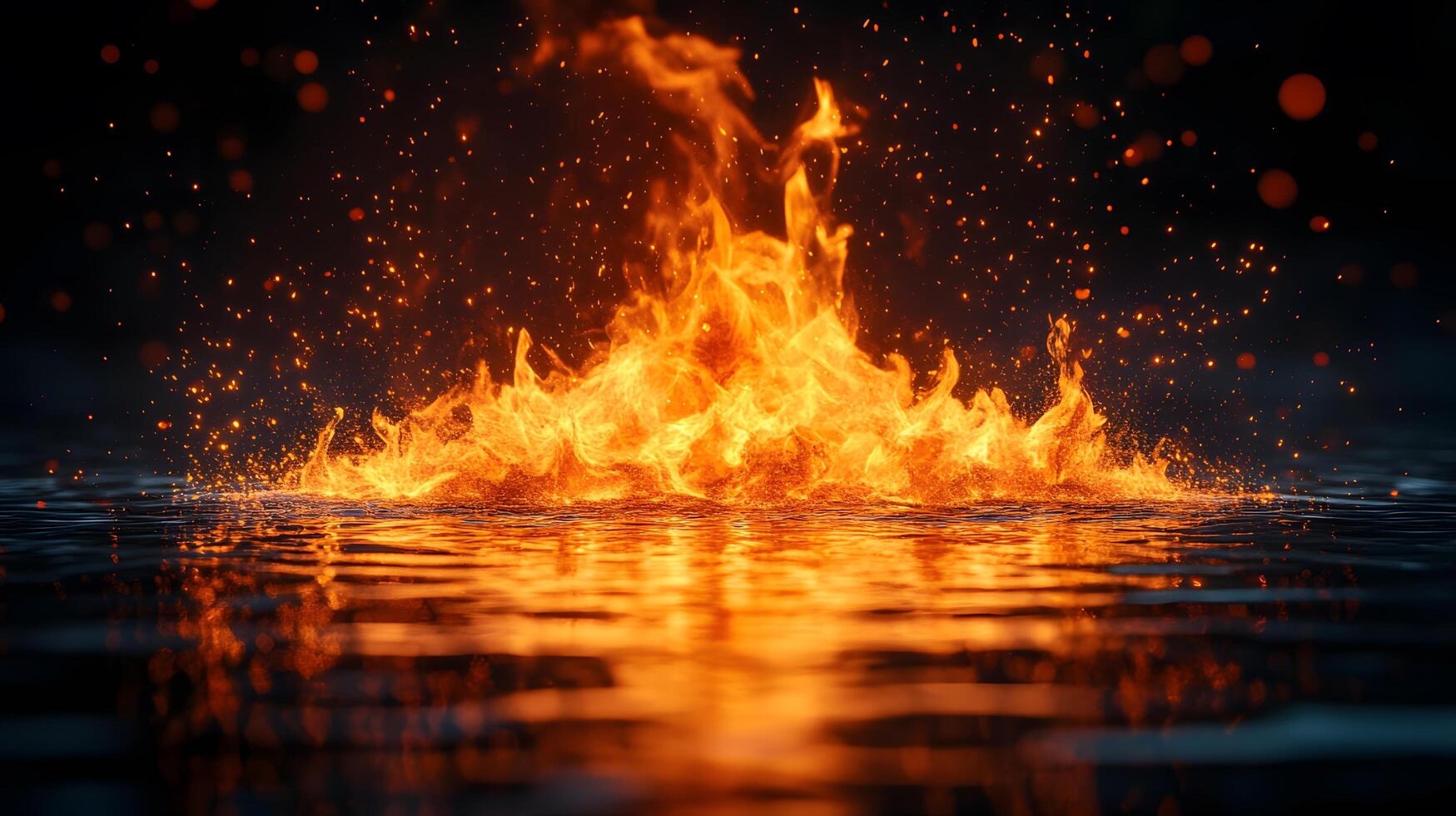 Mesmerizing campfire flames dance with perfect reflection on water, sparks illuminate dark night sky, creating mystical ambiance with vibrant orange and yellow hues. water photo