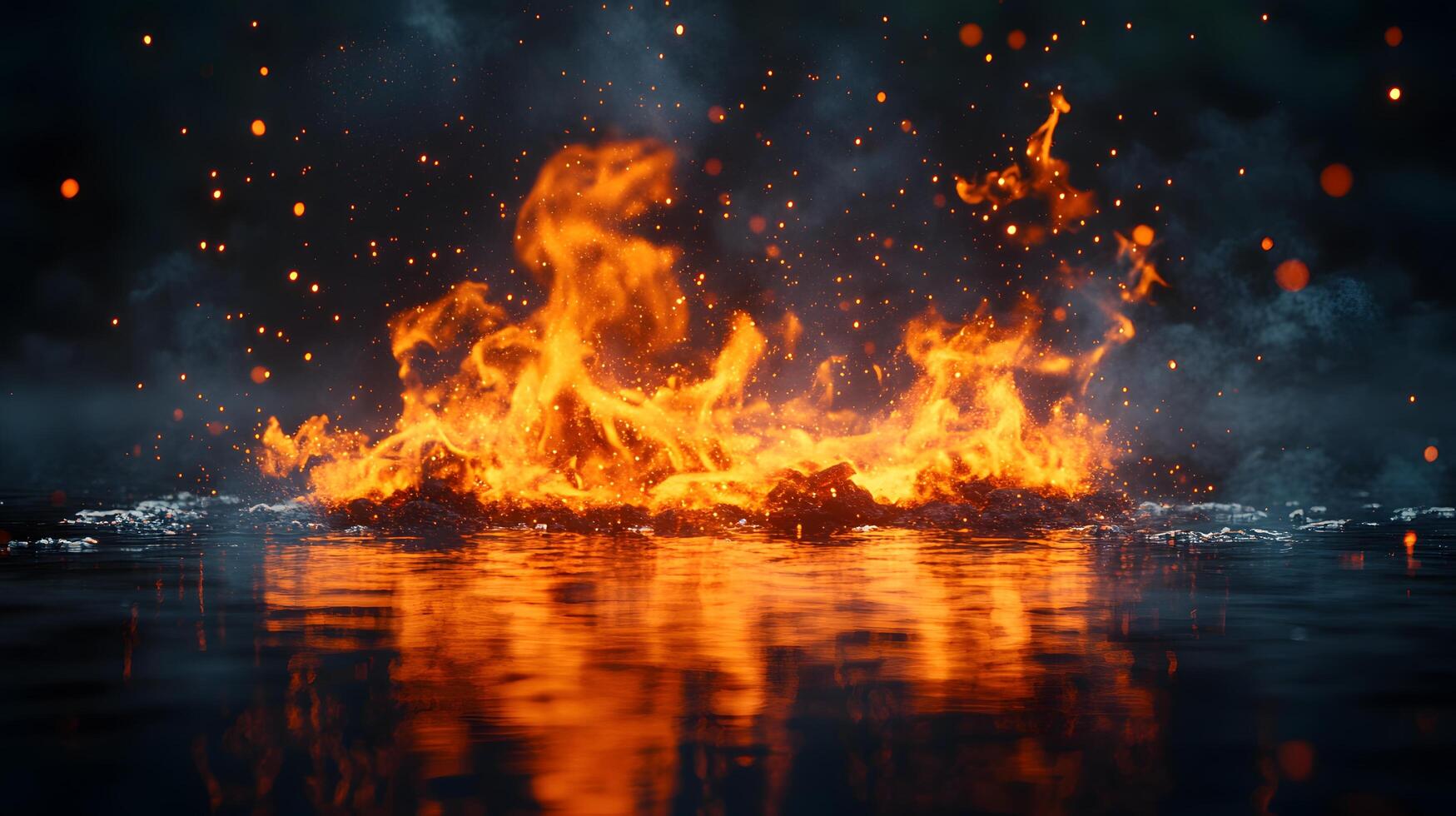Mesmerizing campfire flames dance with perfect reflection on water, sparks illuminate dark night sky, creating mystical ambiance with vibrant orange and yellow hues. sparks photo