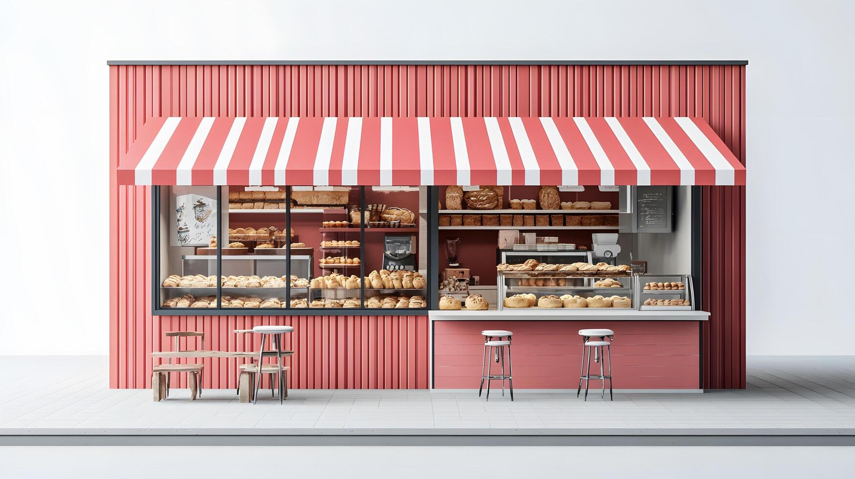 Modern red-white bakery kiosk with striped awning features display counter, stools, and detailed pastry shelving, presenting charming retail design in 3D illustration. retail photo