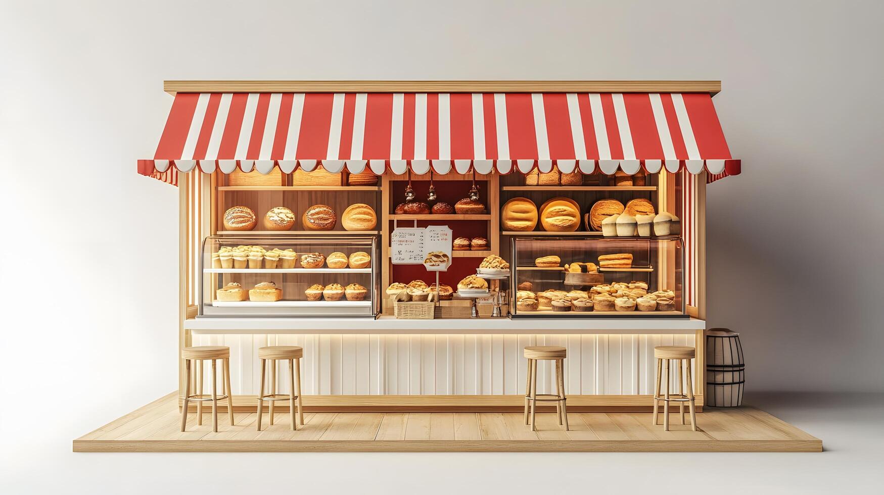 Modern red-white bakery kiosk with striped awning features display counter, stools, and detailed pastry shelving, presenting charming retail design in 3D illustration. modern photo