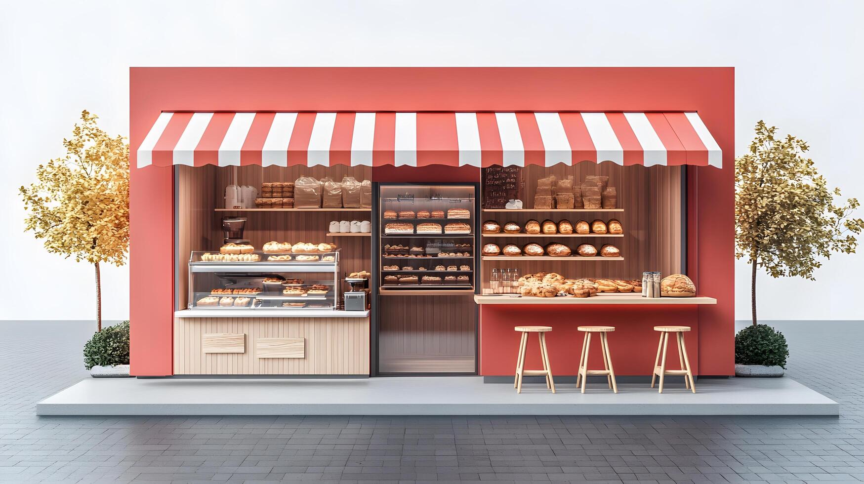Modern red-white bakery kiosk with striped awning features display counter, stools, and detailed pastry shelving, presenting charming retail design in 3D illustration. bakery photo