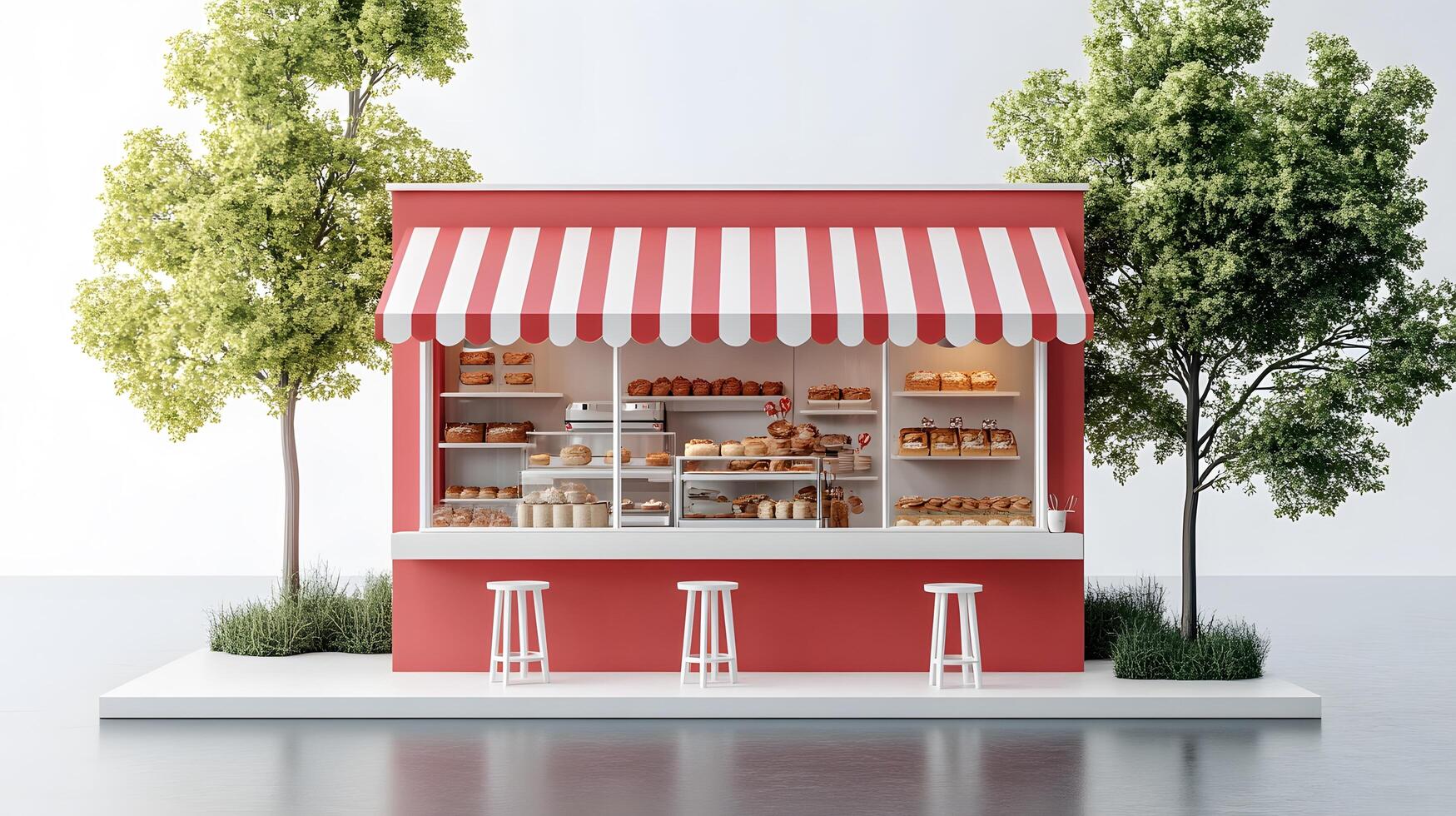 Modern red-white bakery kiosk with striped awning features display counter, stools, and detailed pastry shelving, presenting charming retail design in 3D illustration. white photo