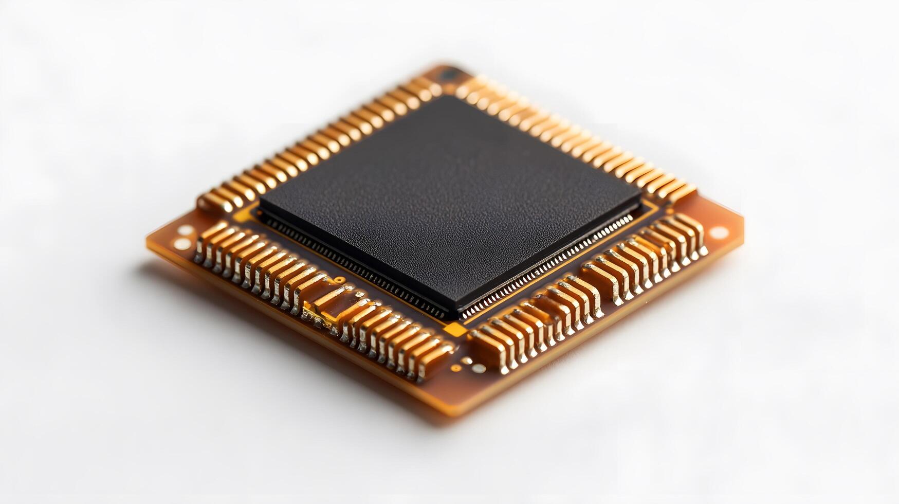Detailed circuit board and microchip photographed on pristine white surface, highlighting technological precision and industrial components in clean composition. precision photo