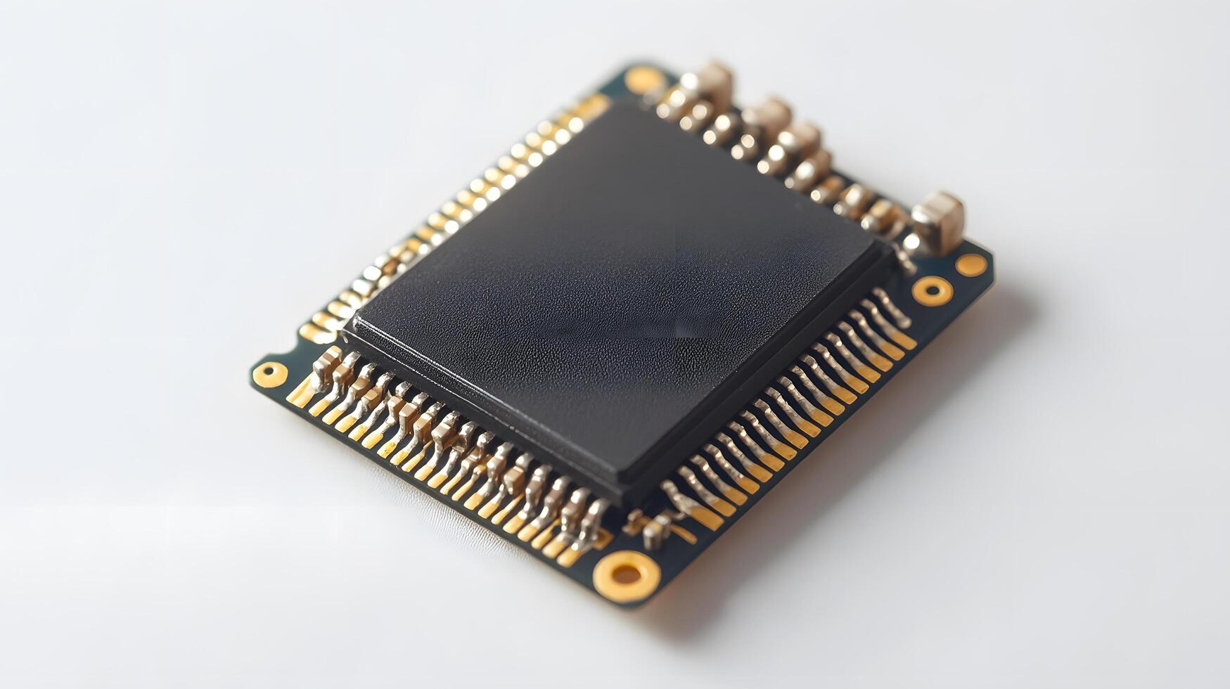 Detailed circuit board and microchip photographed on pristine white surface, highlighting technological precision and industrial components in clean composition. technical photo