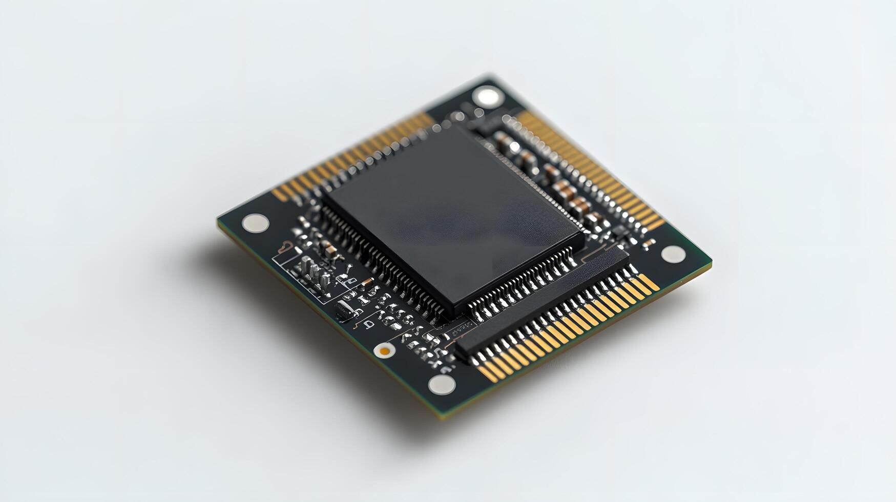 Detailed circuit board and microchip photographed on pristine white surface, highlighting technological precision and industrial components in clean composition. processor photo