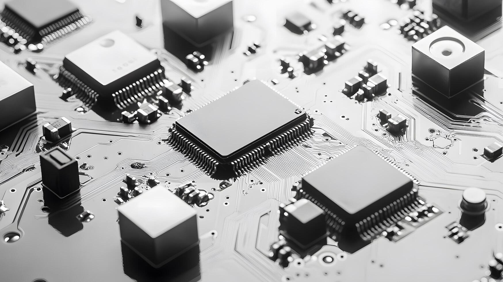 Detailed circuit board and microchip photographed on pristine white surface, highlighting technological precision and industrial components in clean composition. semiconductor photo