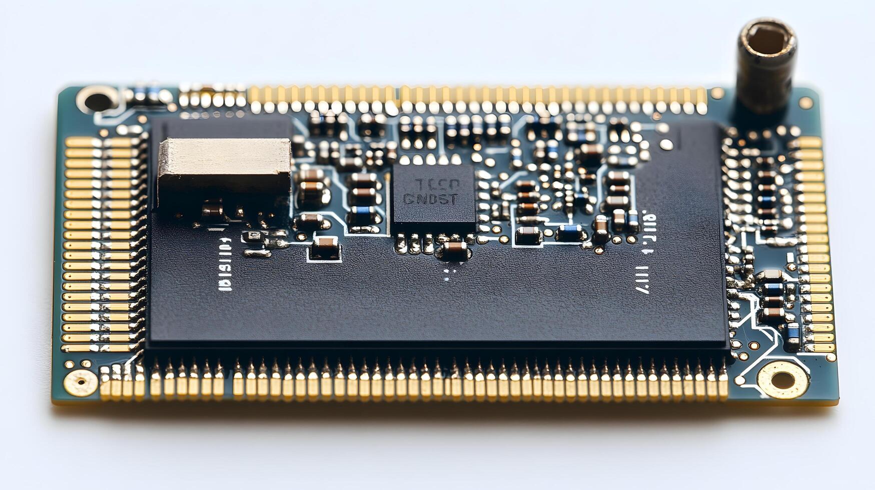Detailed circuit board and microchip photographed on pristine white surface, highlighting technological precision and industrial components in clean composition. advanced photo