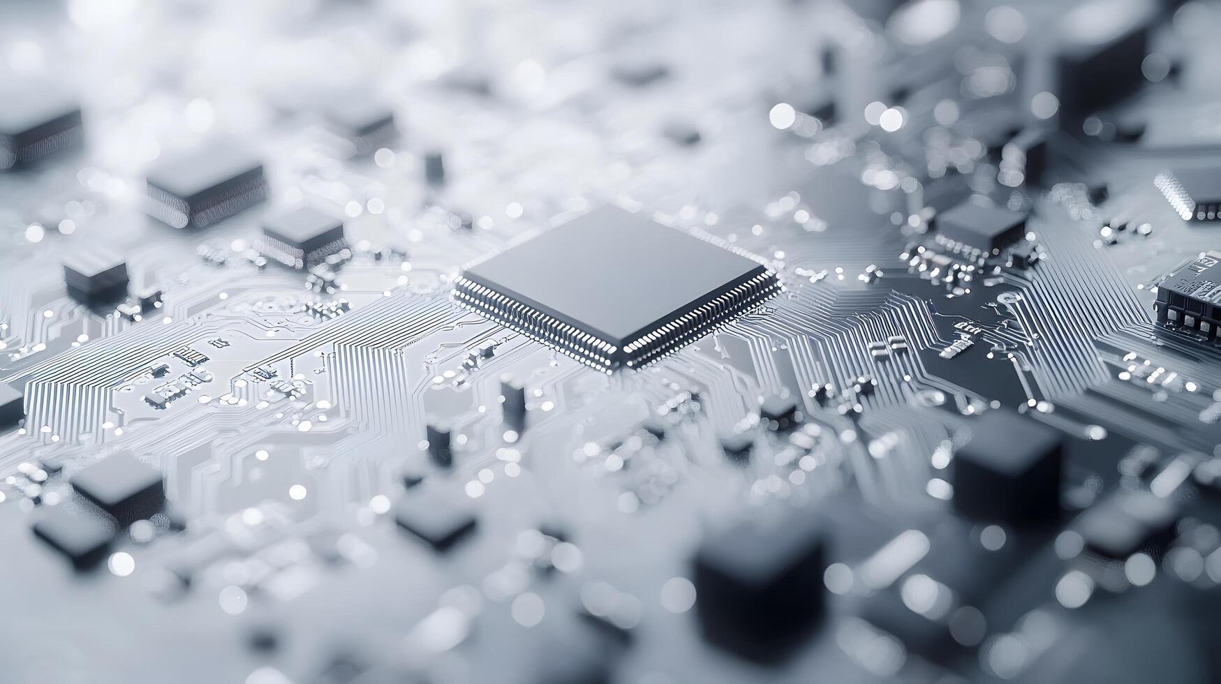 Detailed circuit board and microchip photographed on pristine white surface, highlighting technological precision and industrial components in clean composition. modern photo