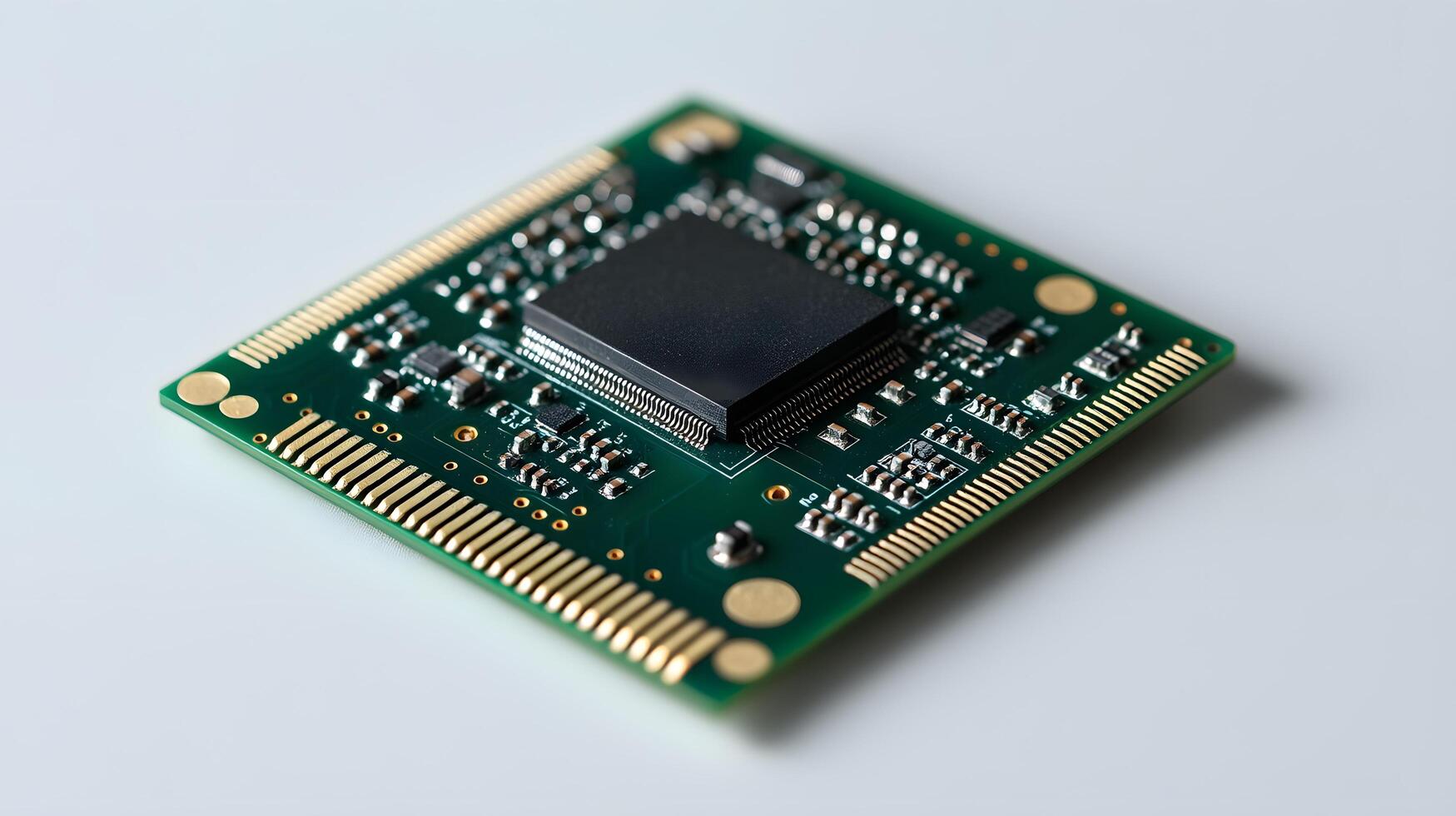 Detailed circuit board and microchip photographed on pristine white surface, highlighting technological precision and industrial components in clean composition. detailed photo