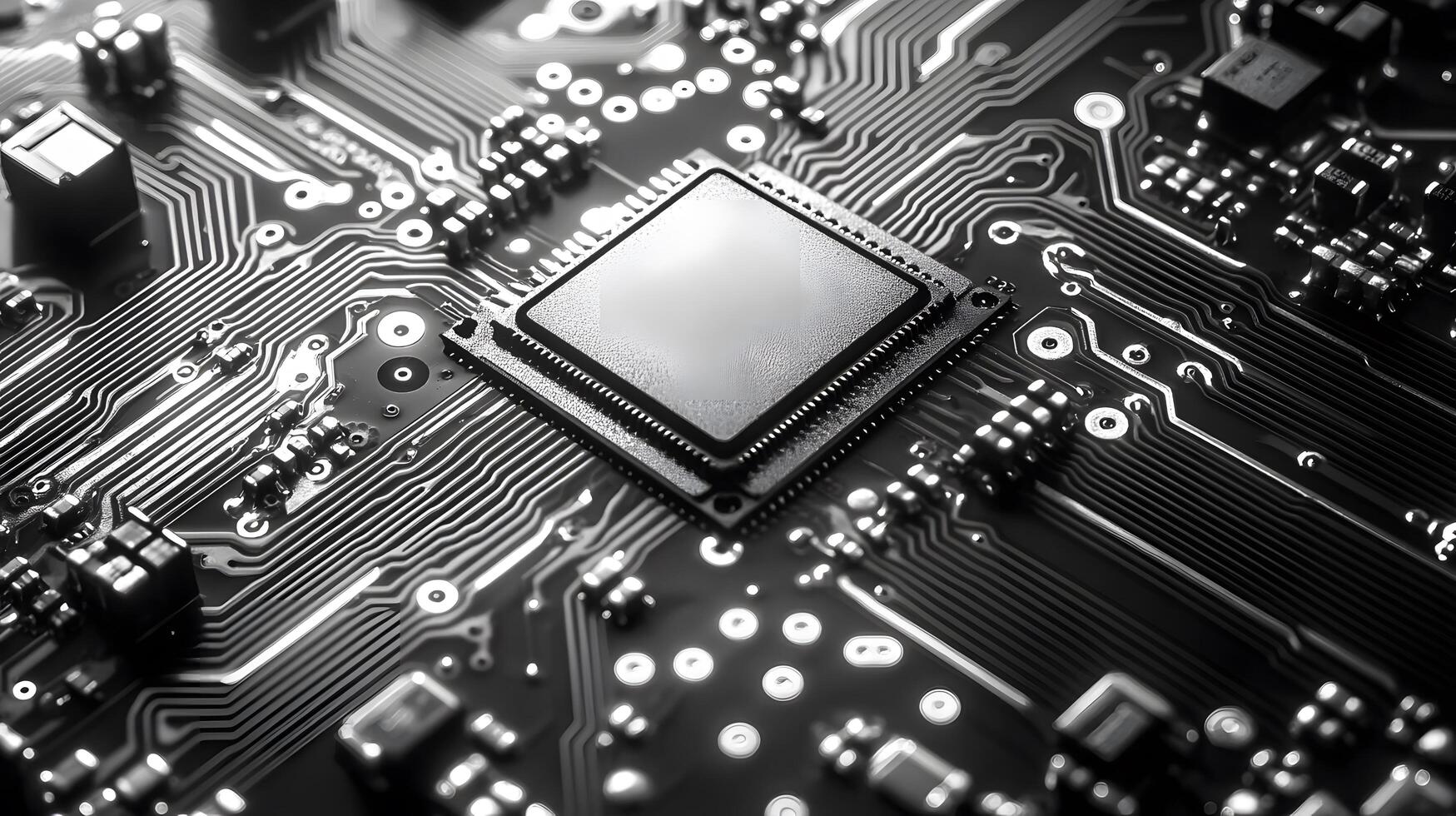 Detailed circuit board and microchip photographed on pristine white surface, highlighting technological precision and industrial components in clean composition. intricate photo