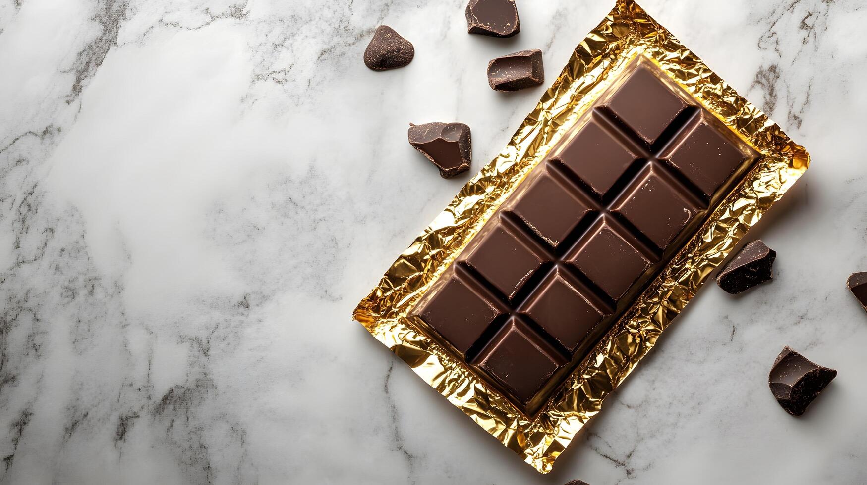 Luxurious dark chocolate bar partially unwrapped from golden foil on marble surface, emphasizing rich textures and elegant product presentation in commercial style. artisanal photo