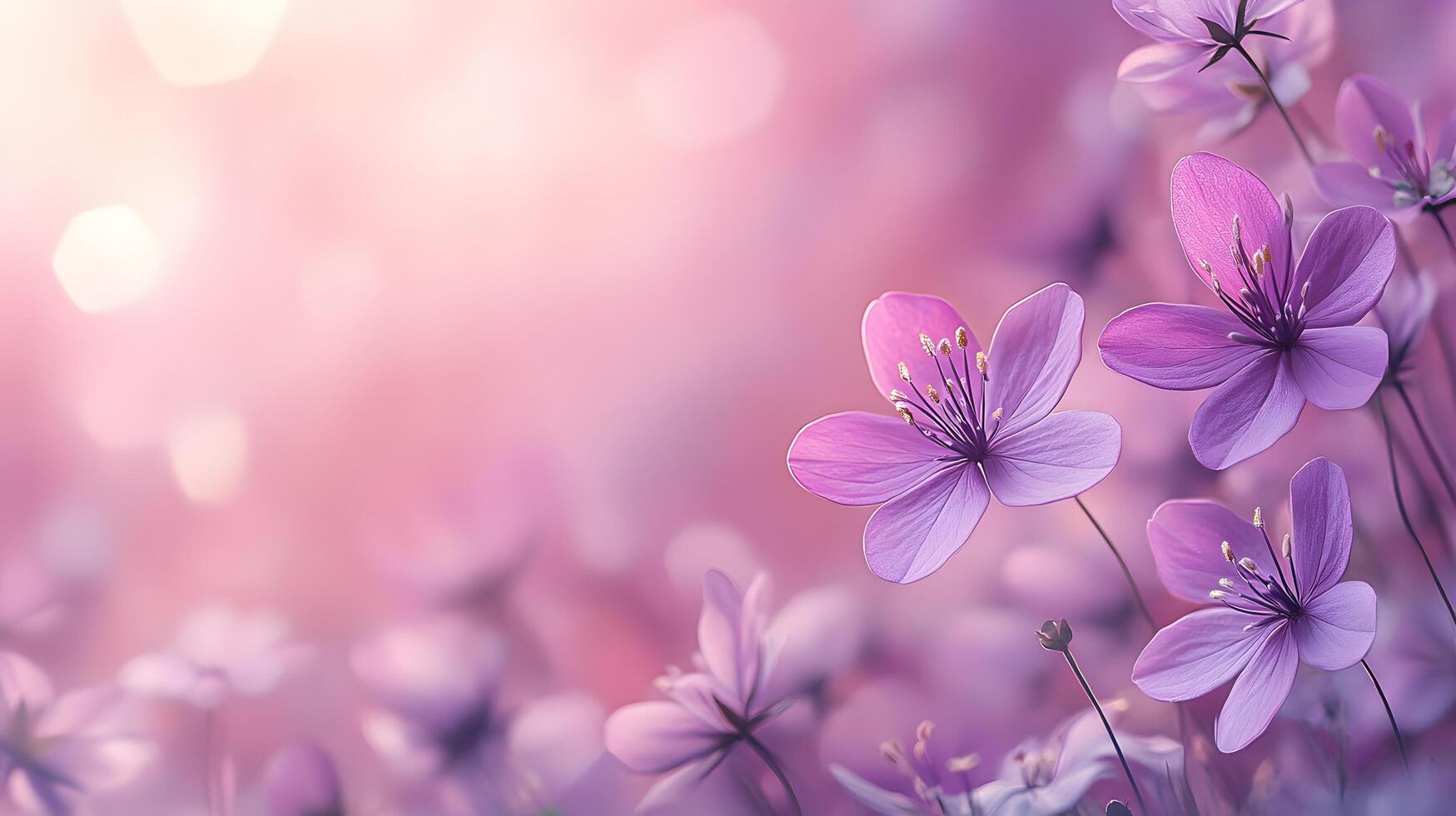 Delicate purple blooms against soft pink gradient create dreamy floral scene with ethereal atmosphere and romantic mood in panoramic macro photography. gentle photo