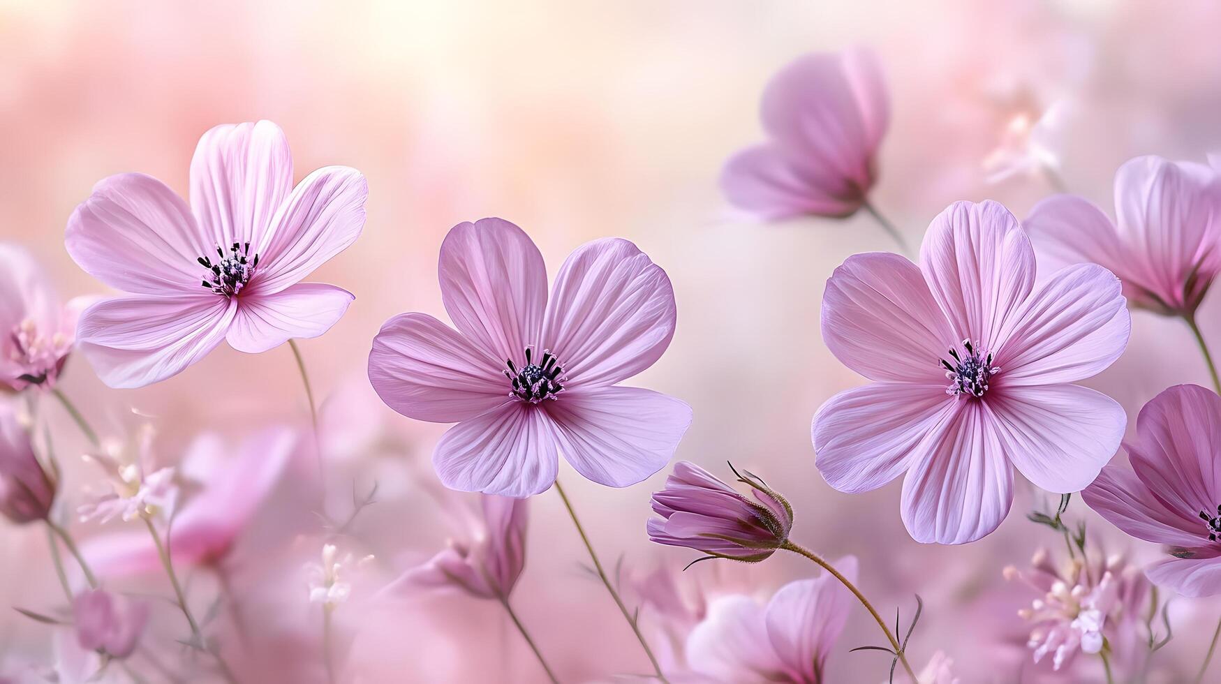 Delicate purple blooms against soft pink gradient create dreamy floral scene with ethereal atmosphere and romantic mood in panoramic macro photography. blooming photo