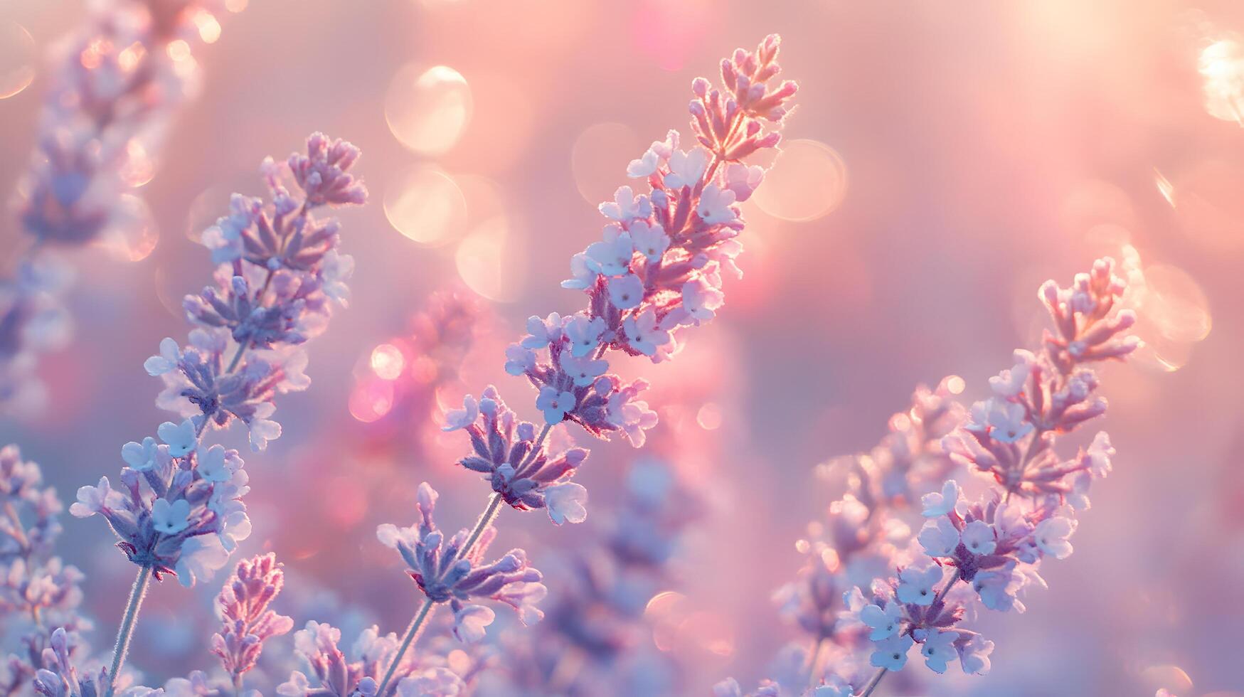 Delicate purple blooms against soft pink gradient create dreamy floral scene with ethereal atmosphere and romantic mood in panoramic macro photography. flourishing photo