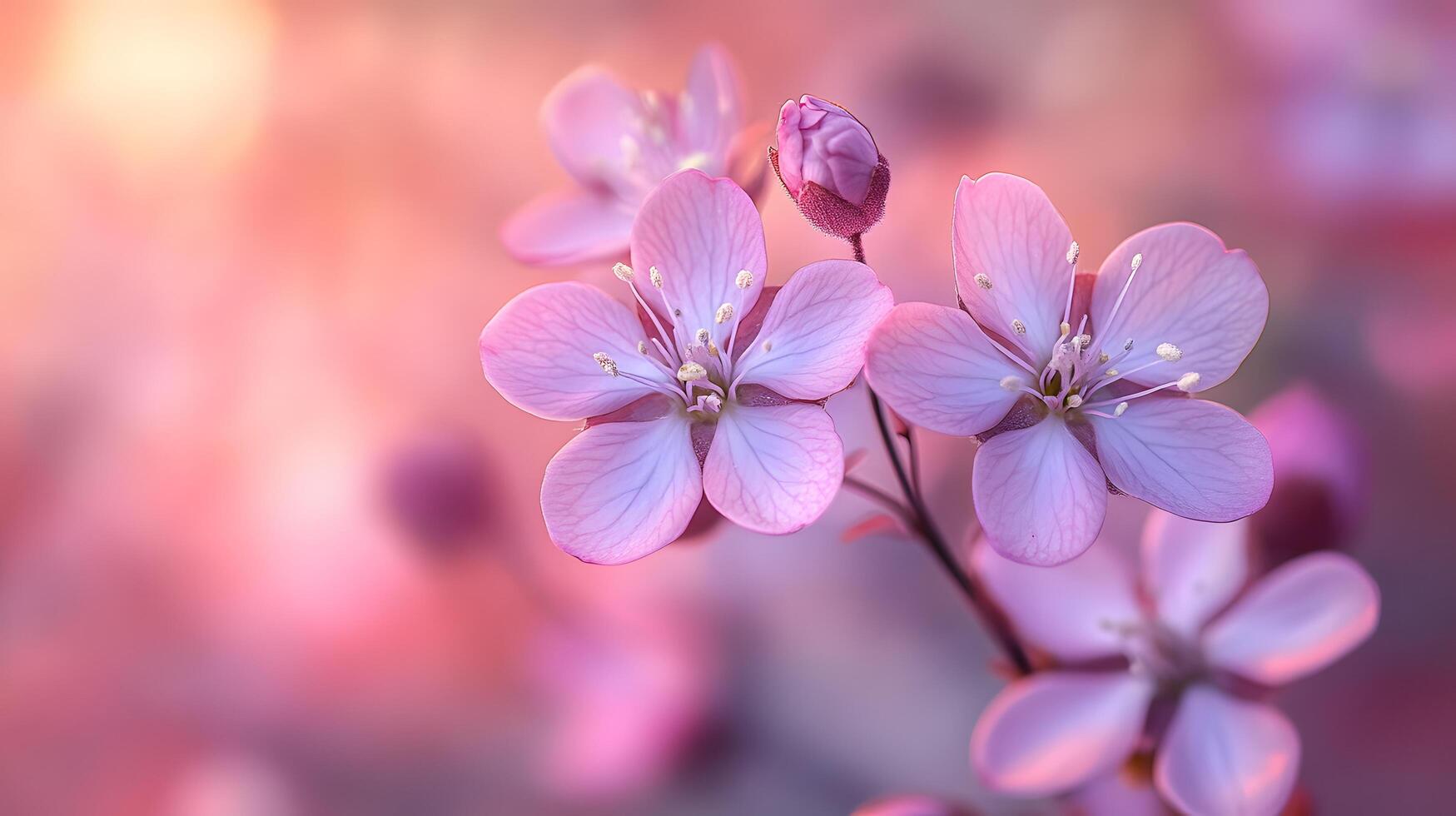 Delicate purple blooms against soft pink gradient create dreamy floral scene with ethereal atmosphere and romantic mood in panoramic macro photography. natural photo