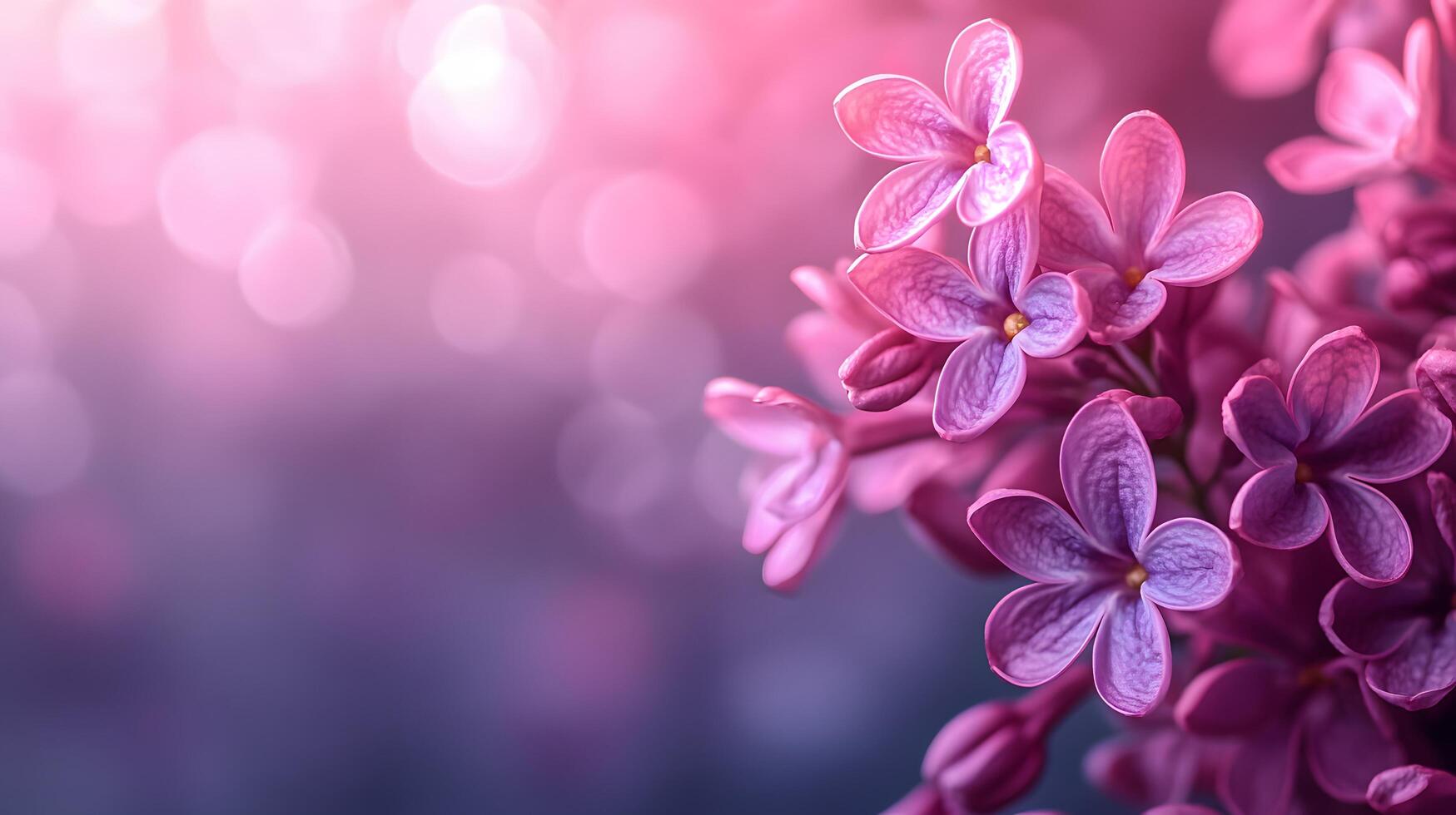 Delicate purple blooms against soft pink gradient create dreamy floral scene with ethereal atmosphere and romantic mood in panoramic macro photography. growing photo