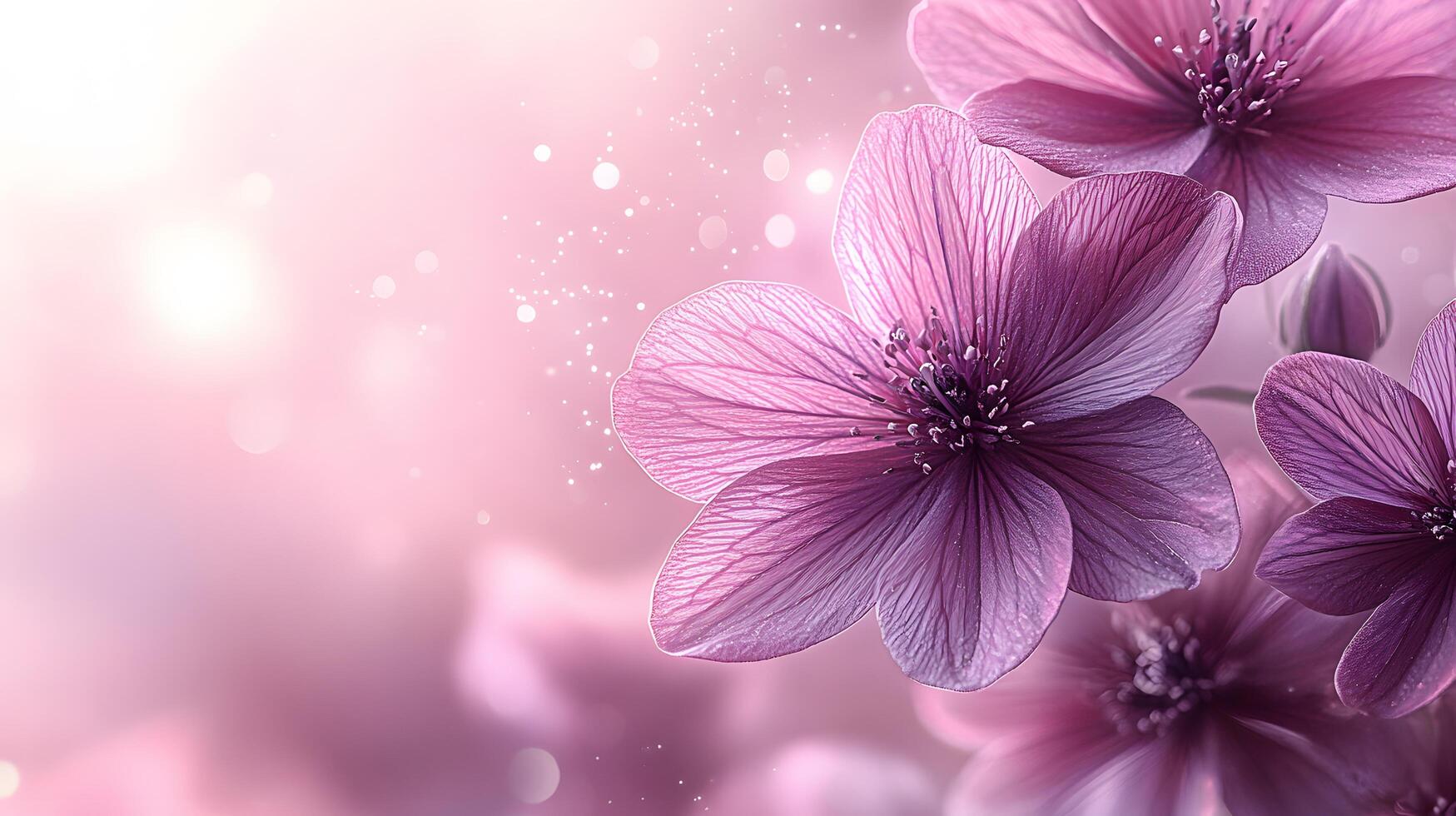 Delicate purple blooms against soft pink gradient create dreamy floral scene with ethereal atmosphere and romantic mood in panoramic macro photography. organic photo