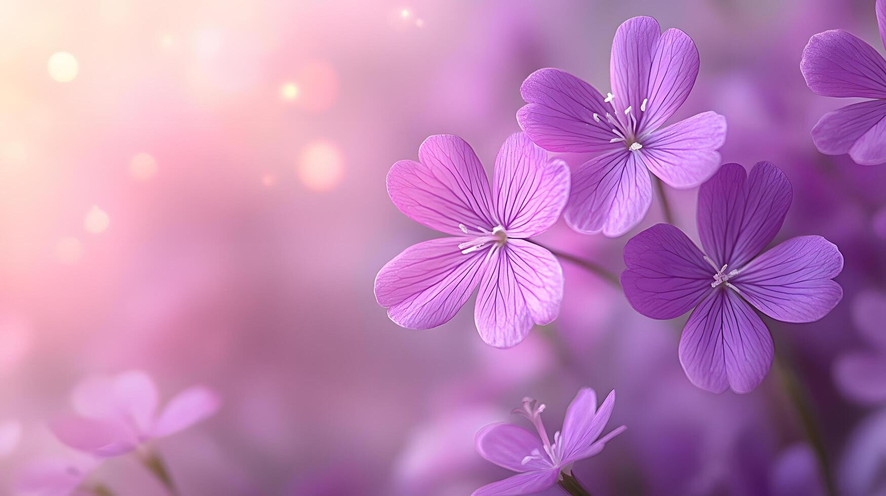 Delicate purple blooms against soft pink gradient create dreamy floral scene with ethereal atmosphere and romantic mood in panoramic macro photography. botanical photo