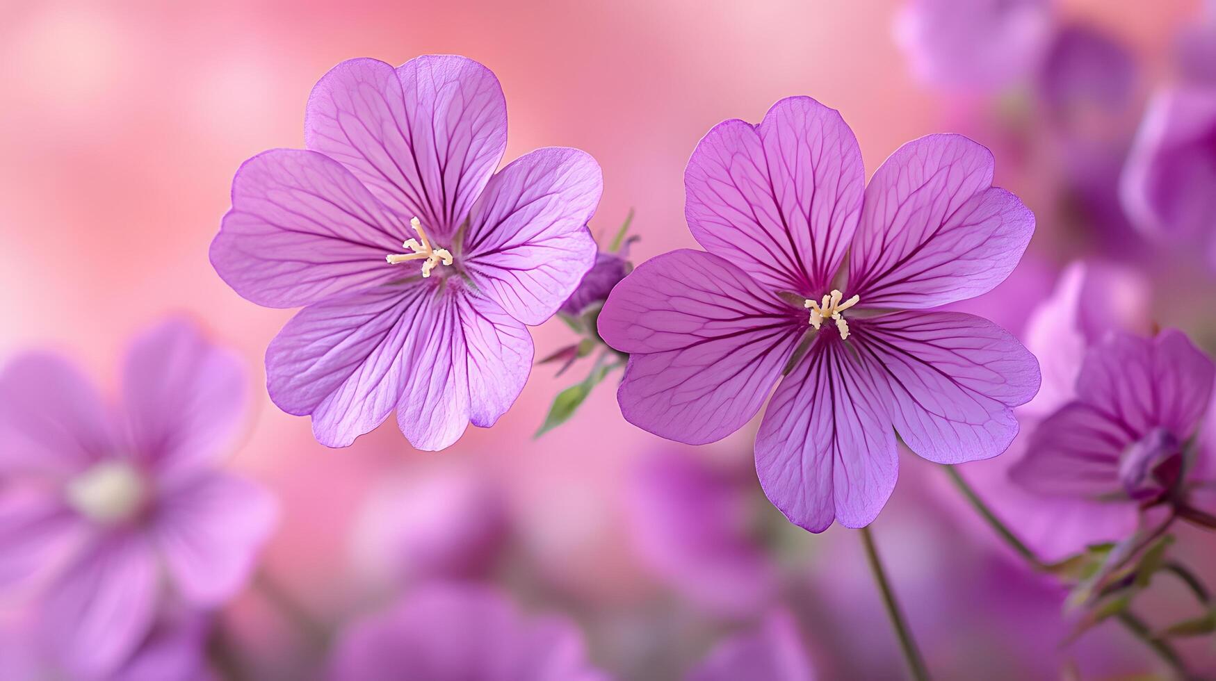 Delicate purple blooms against soft pink gradient create dreamy floral scene with ethereal atmosphere and romantic mood in panoramic macro photography. fresh photo