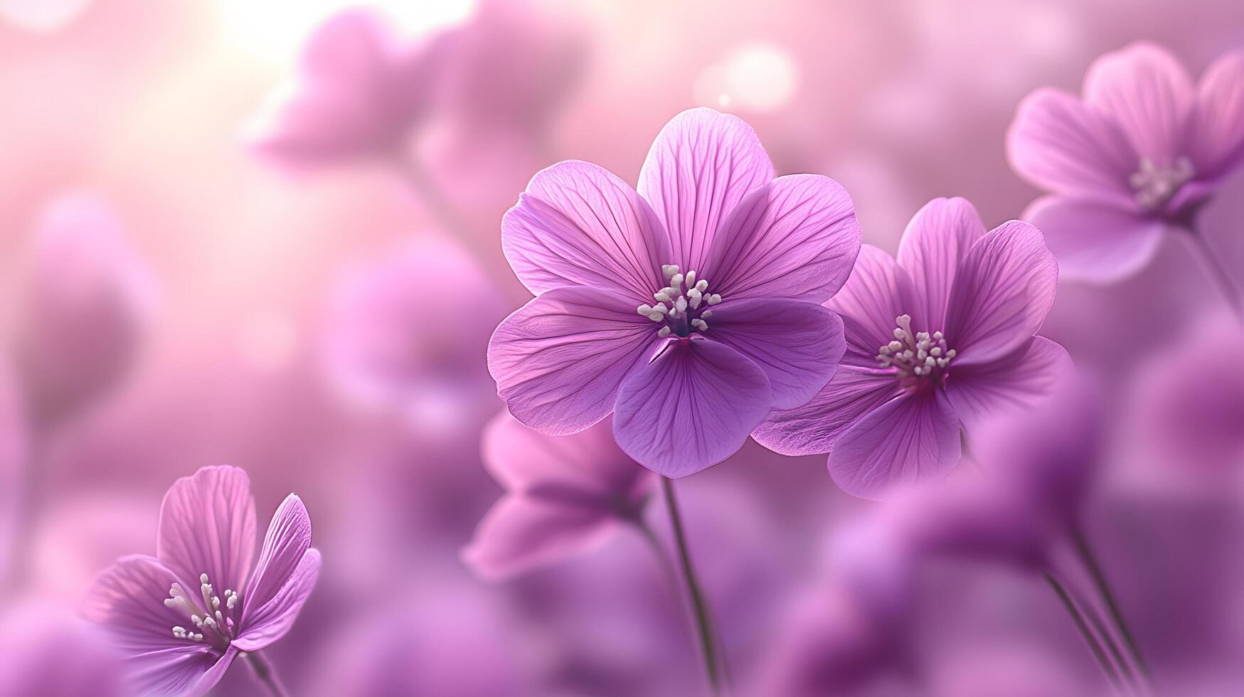 Delicate purple blooms against soft pink gradient create dreamy floral scene with ethereal atmosphere and romantic mood in panoramic macro photography. garden photo