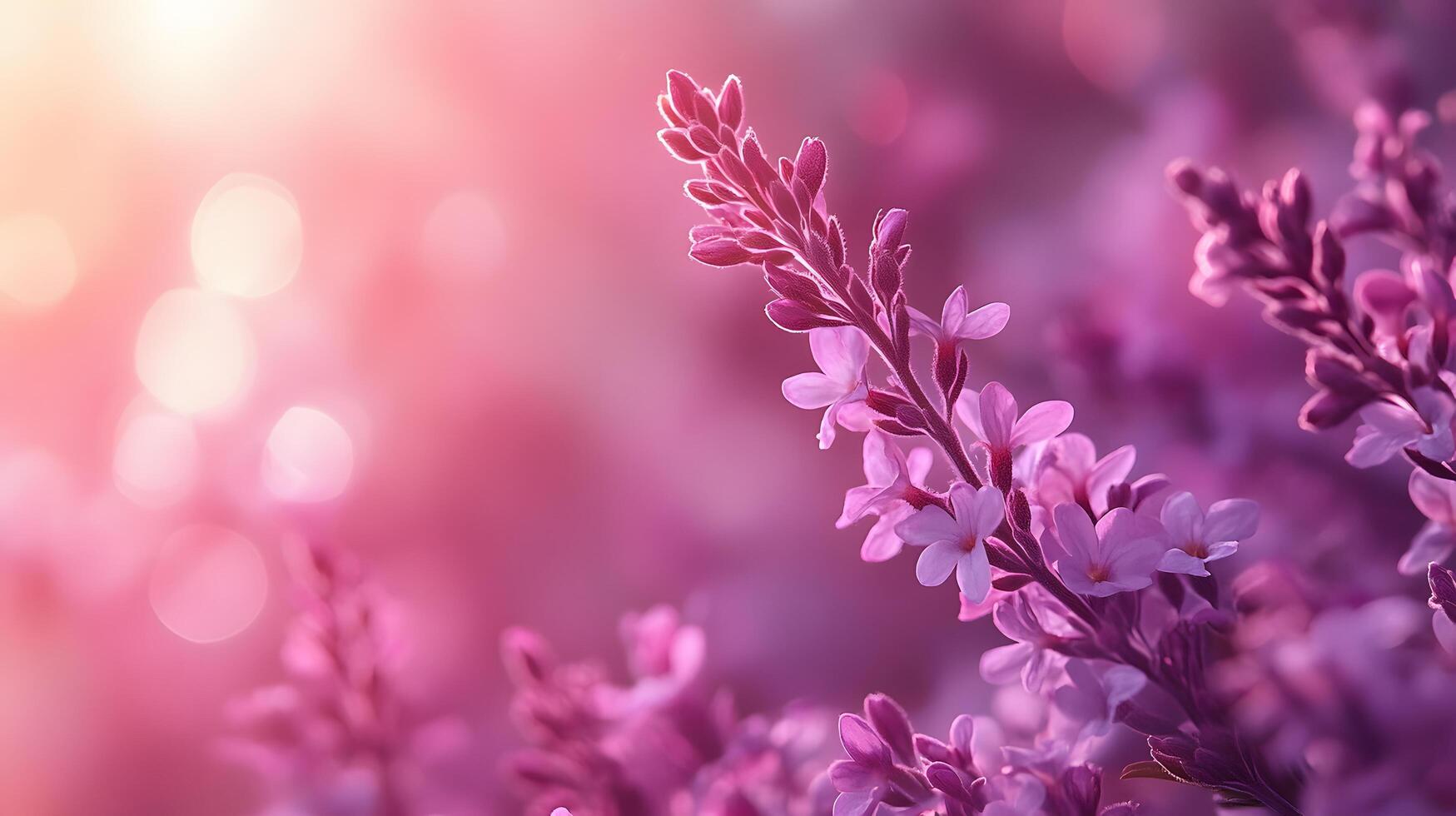 Delicate purple blooms against soft pink gradient create dreamy floral scene with ethereal atmosphere and romantic mood in panoramic macro photography. spring photo