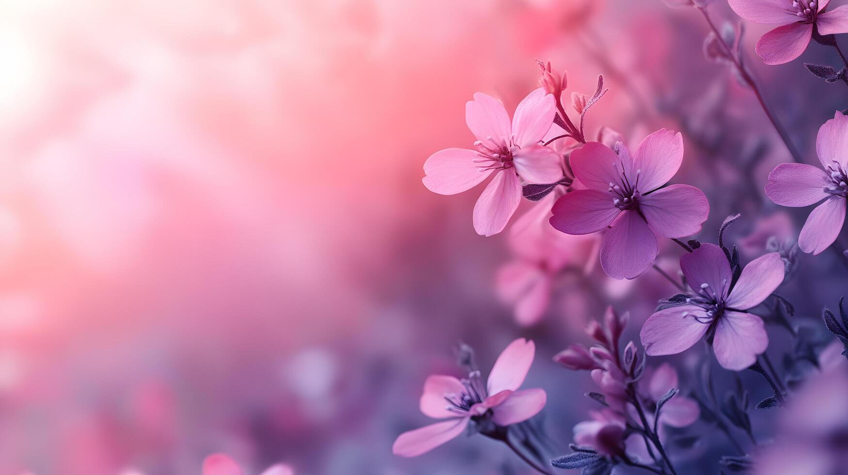 Delicate purple blooms against soft pink gradient create dreamy floral scene with ethereal atmosphere and romantic mood in panoramic macro photography. purple photo