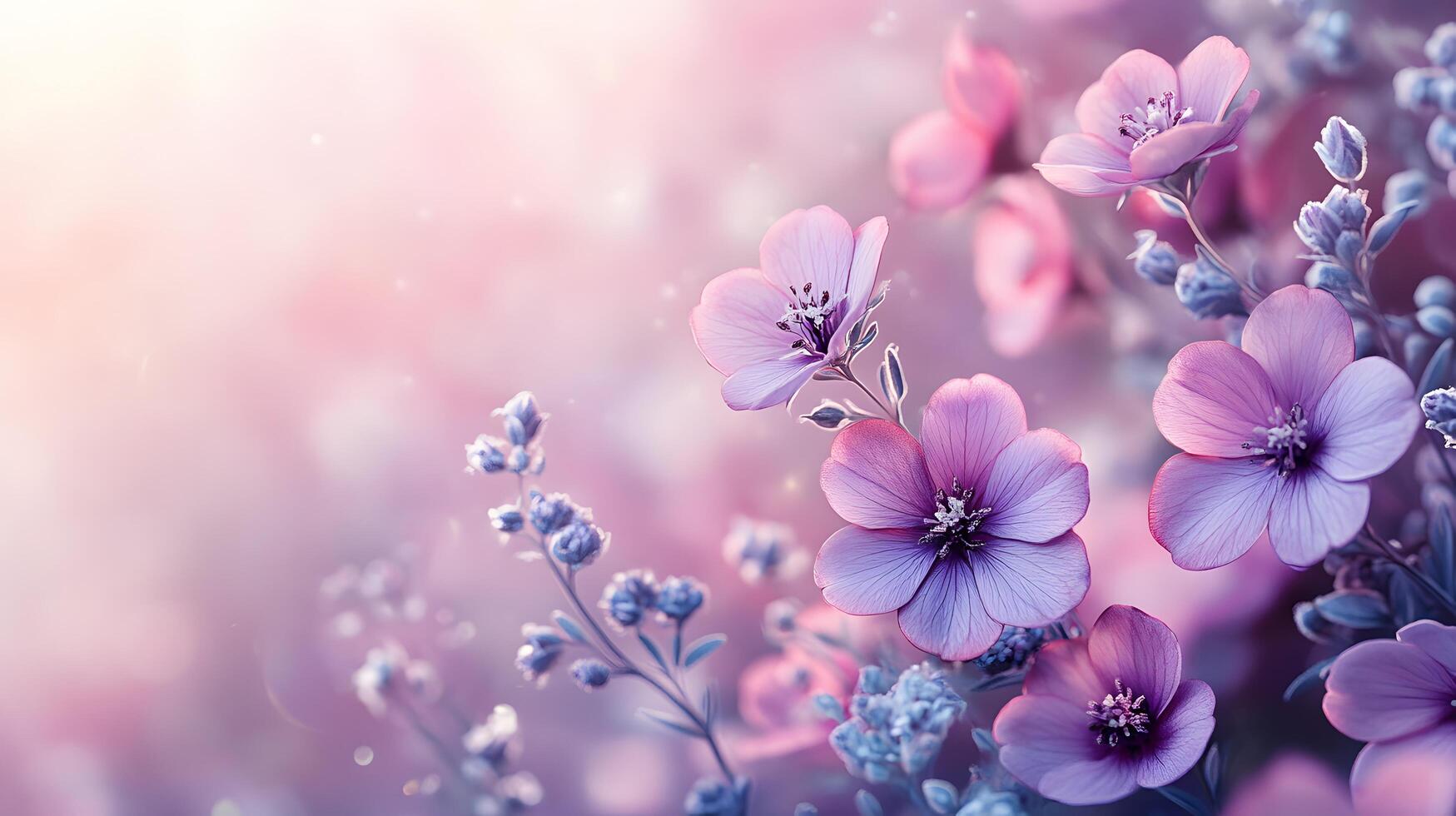 Delicate purple blooms against soft pink gradient create dreamy floral scene with ethereal atmosphere and romantic mood in panoramic macro photography. flowers photo