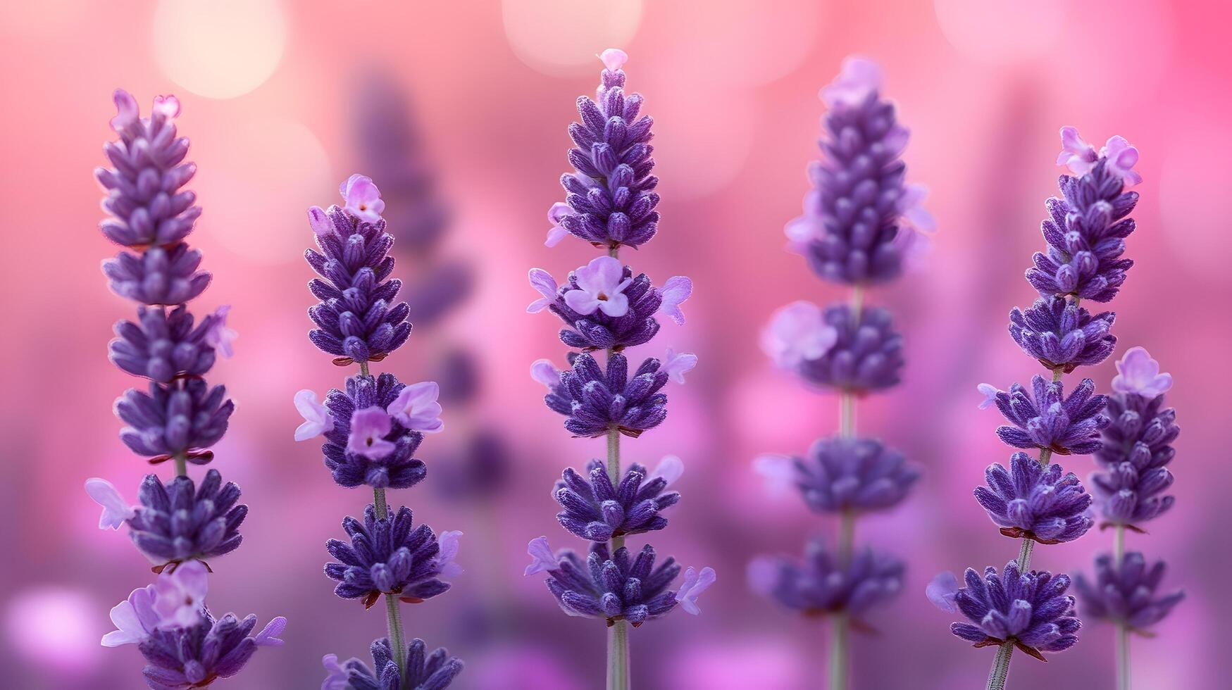 Delicate purple blooms against soft pink gradient create dreamy floral scene with ethereal atmosphere and romantic mood in panoramic macro photography. pink photo