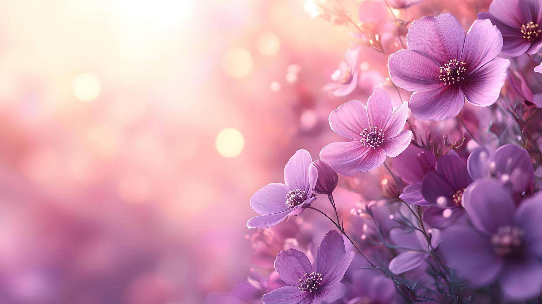 Delicate purple blooms against soft pink gradient create dreamy floral scene with ethereal atmosphere and romantic mood in panoramic macro photography. dreamy photo