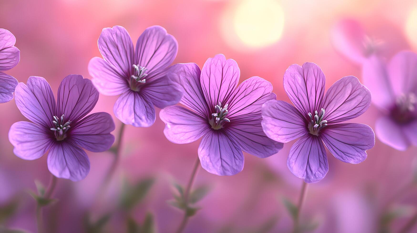 Delicate purple blooms against soft pink gradient create dreamy floral scene with ethereal atmosphere and romantic mood in panoramic macro photography. romantic photo