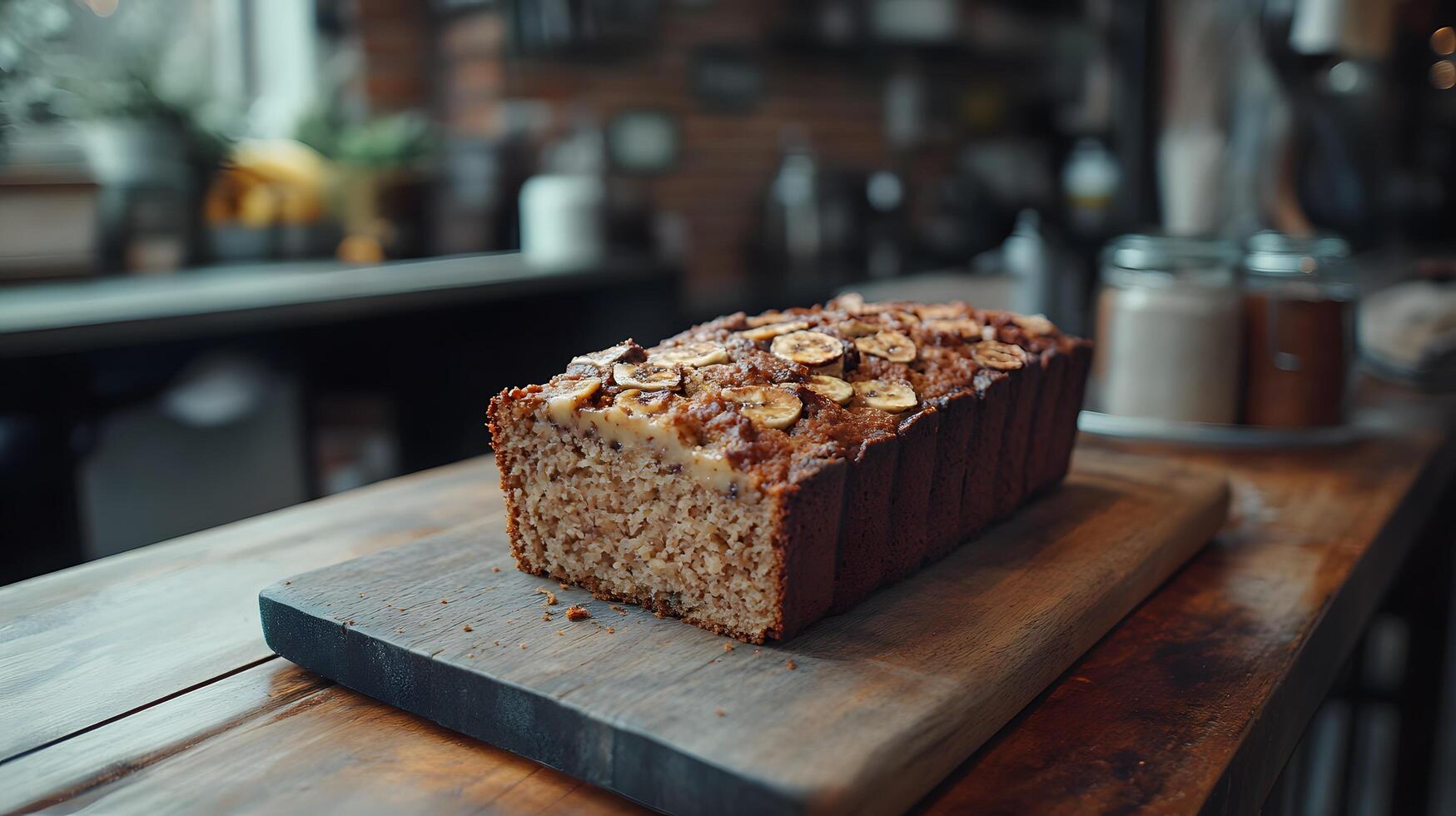 Artisanal banana bread slices on wooden board capture homemade essence with rich browns and perfect texture, styled in rustic yet professional manner. appetizing photo