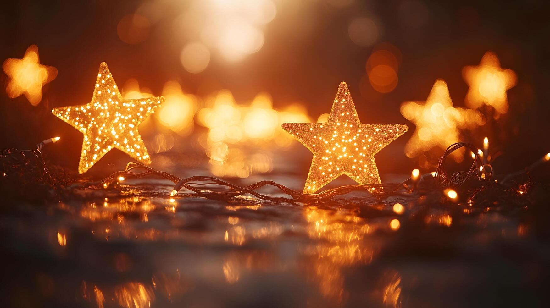 Enchanting star-shaped lights create magical holiday atmosphere with warm golden bokeh, capturing festive spirit in dreamy nighttime illumination. holiday photo