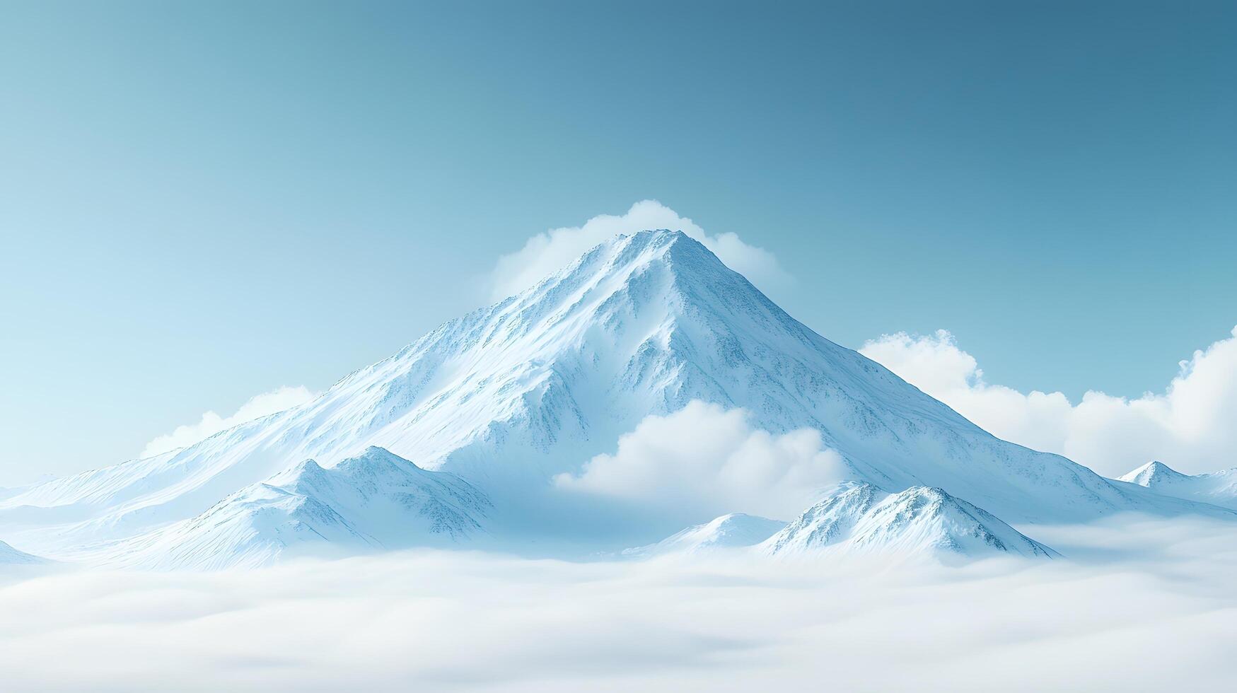 Snow-covered mountain peak rises against crystal blue sky, capturing serene alpine landscape with pristine snow and ethereal mountain atmosphere. remarkable photo